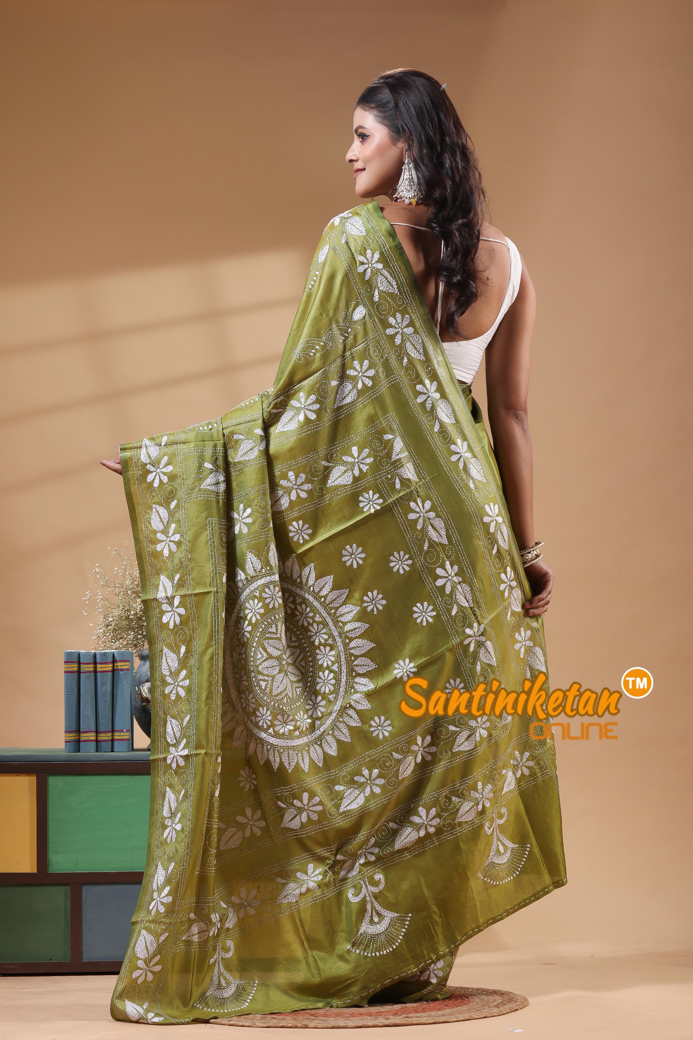 Bangalore Silk Kantha Stitch Saree