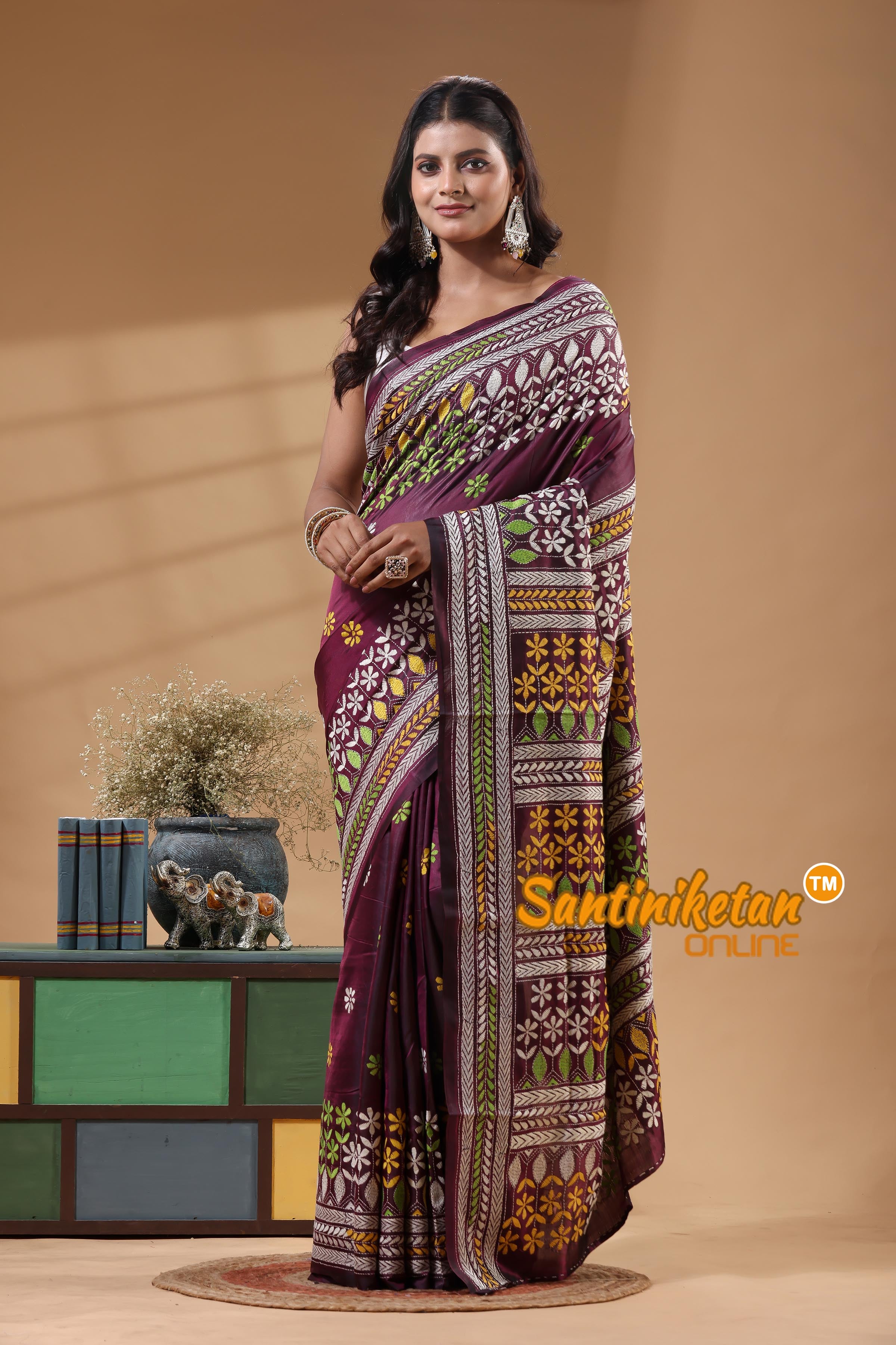 Bangalore Silk Kantha Stitch Saree