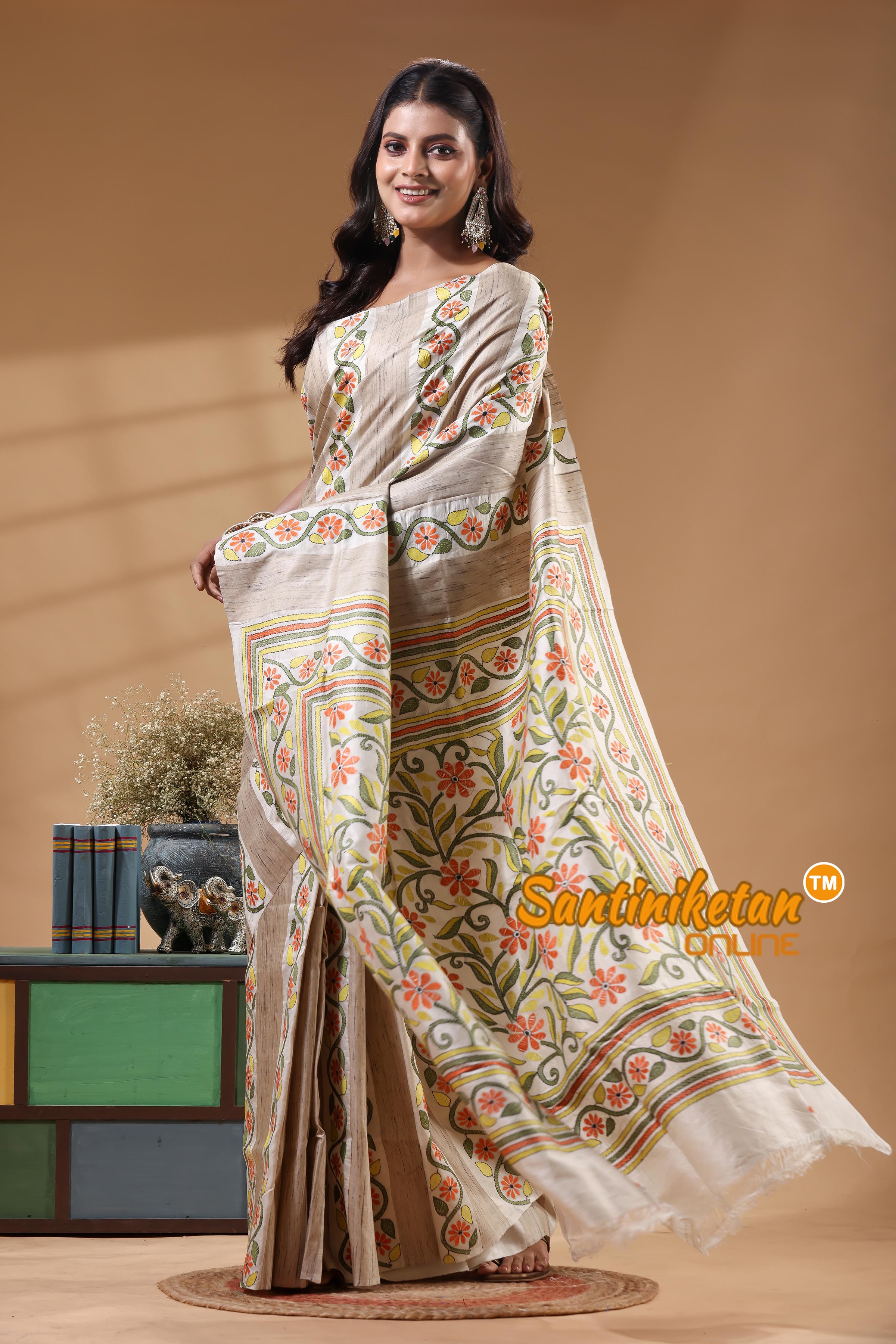 Bishnupuri (Katan) Silk Kantha Stitch Saree