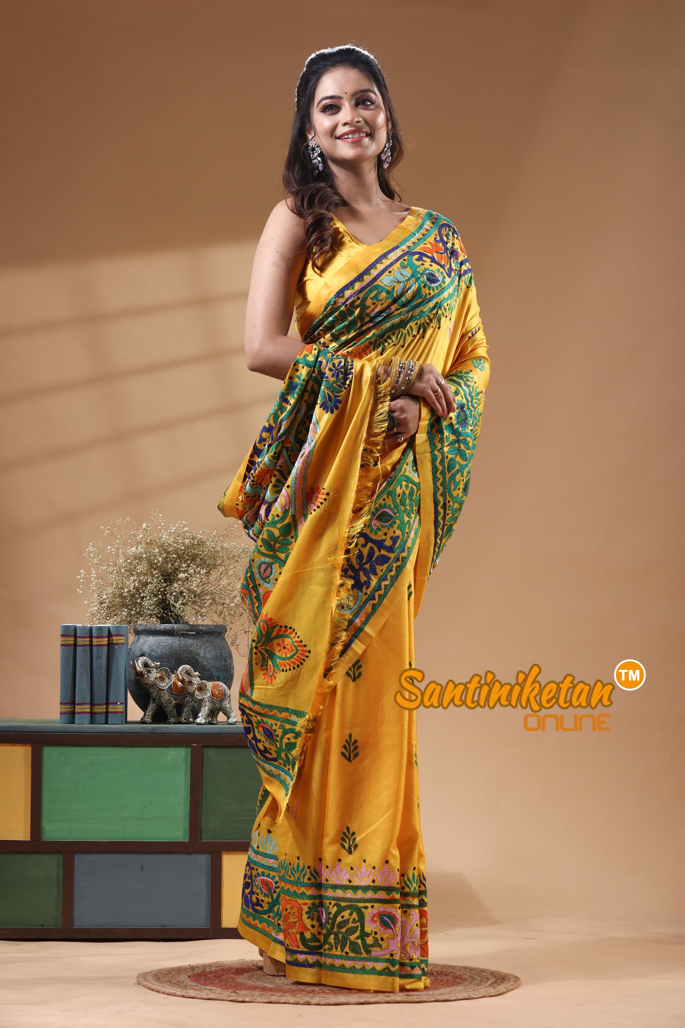 Bangalore Silk Kantha Stitch Saree