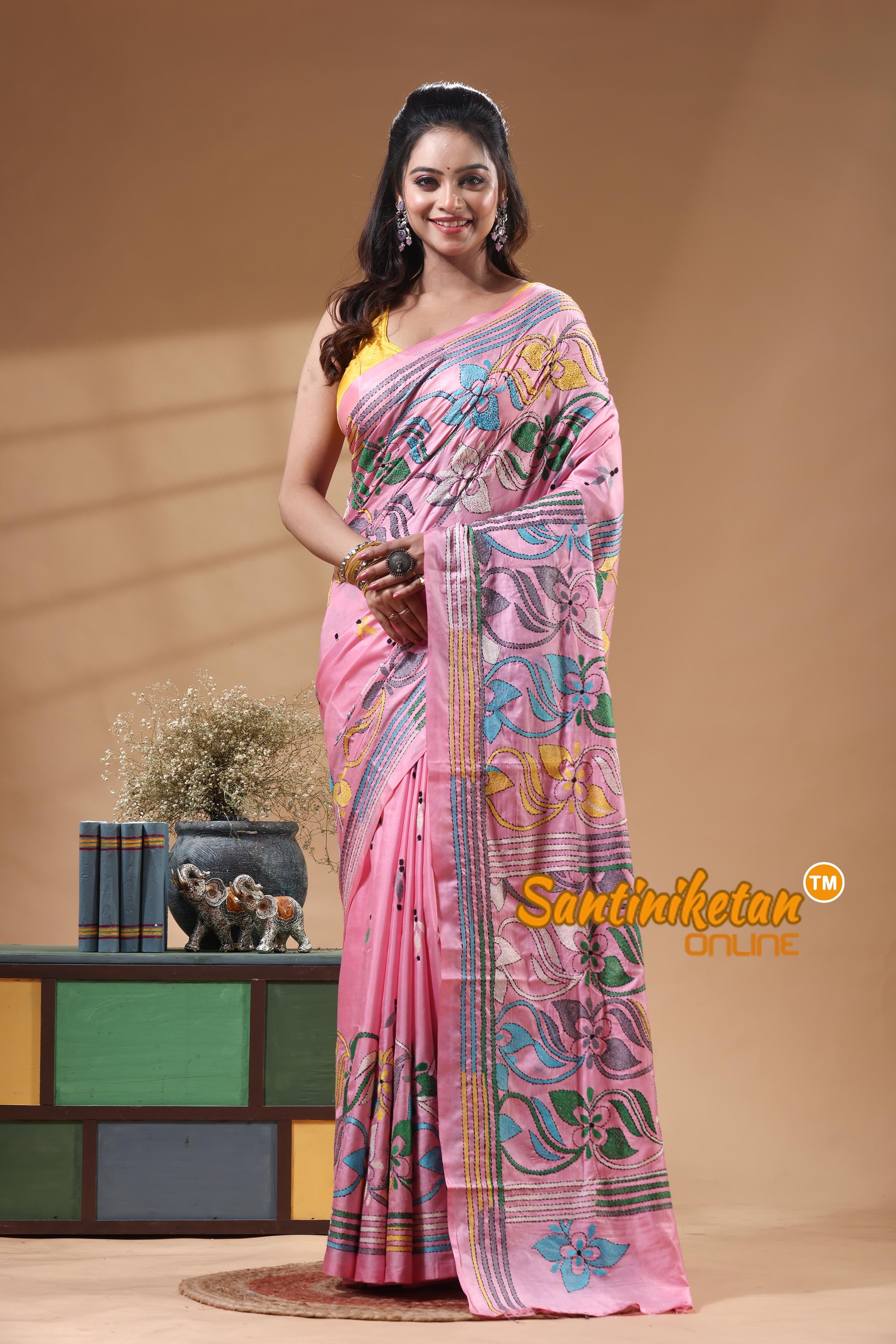 Bangalore Silk Kantha Stitch Saree