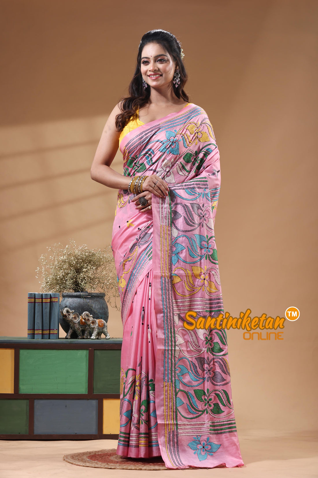 Bangalore Silk Kantha Stitch Saree