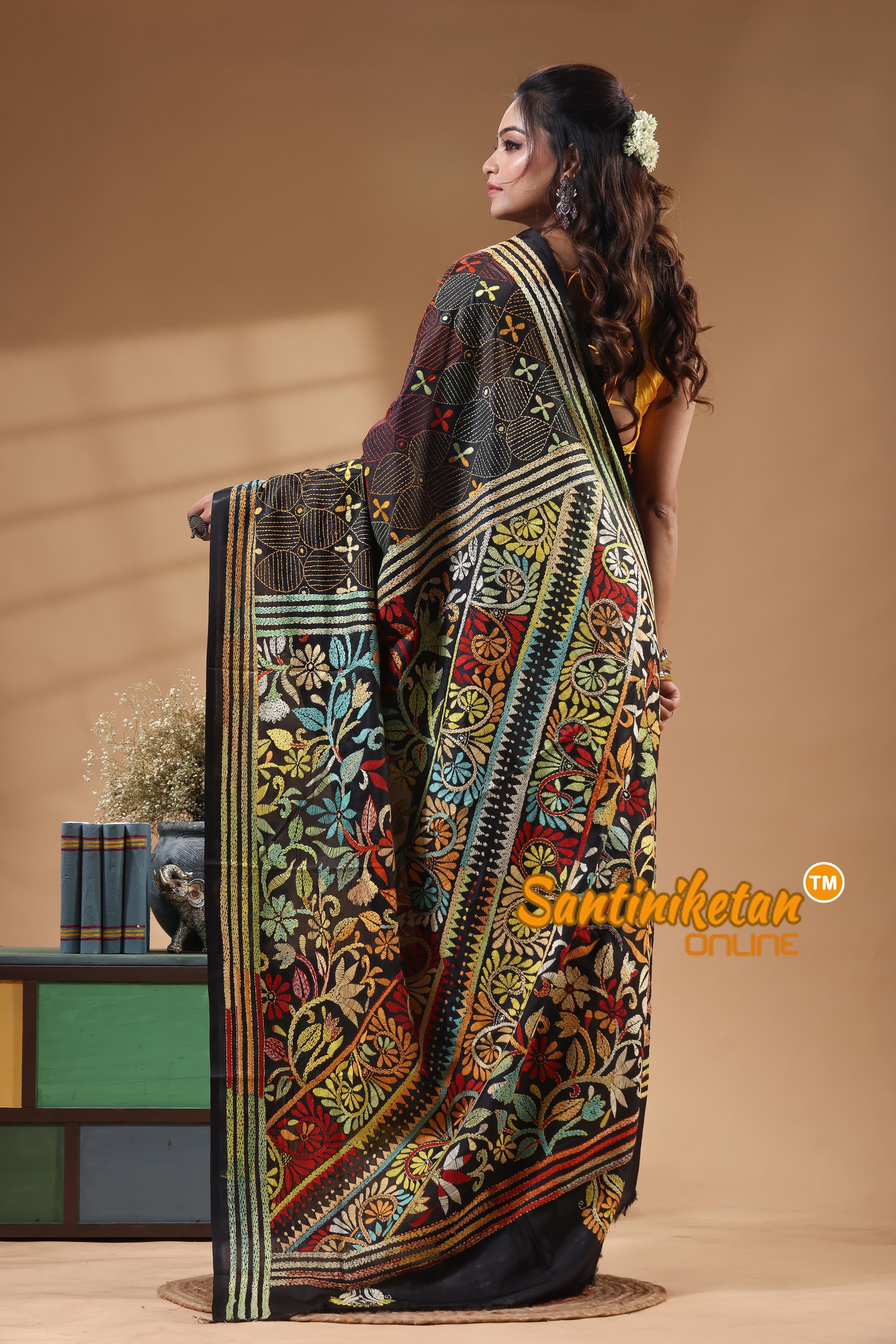 Bangalore Silk Kantha Stitch Saree