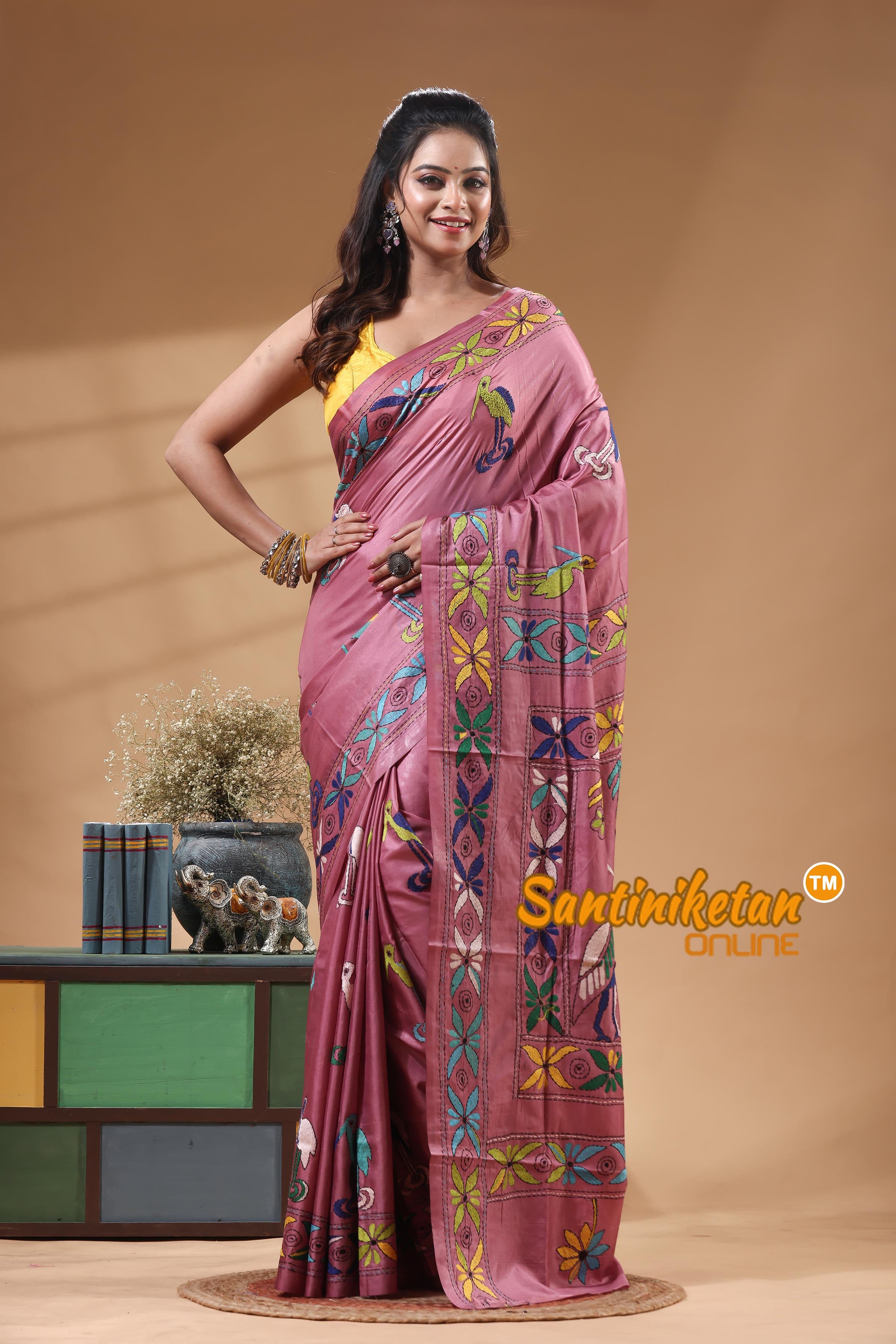 Bangalore Silk Kantha Stitch Saree