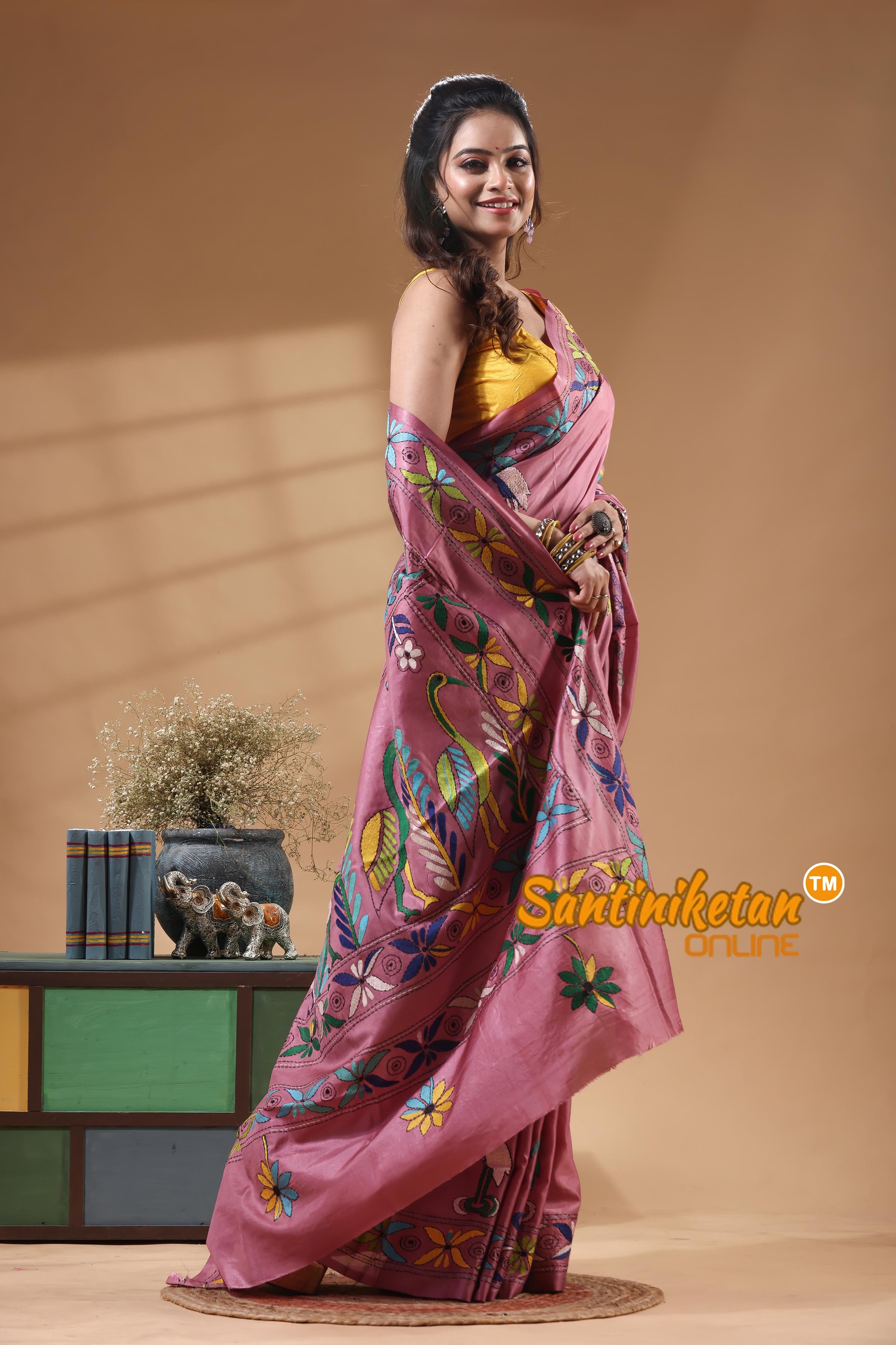 Bangalore Silk Kantha Stitch Saree