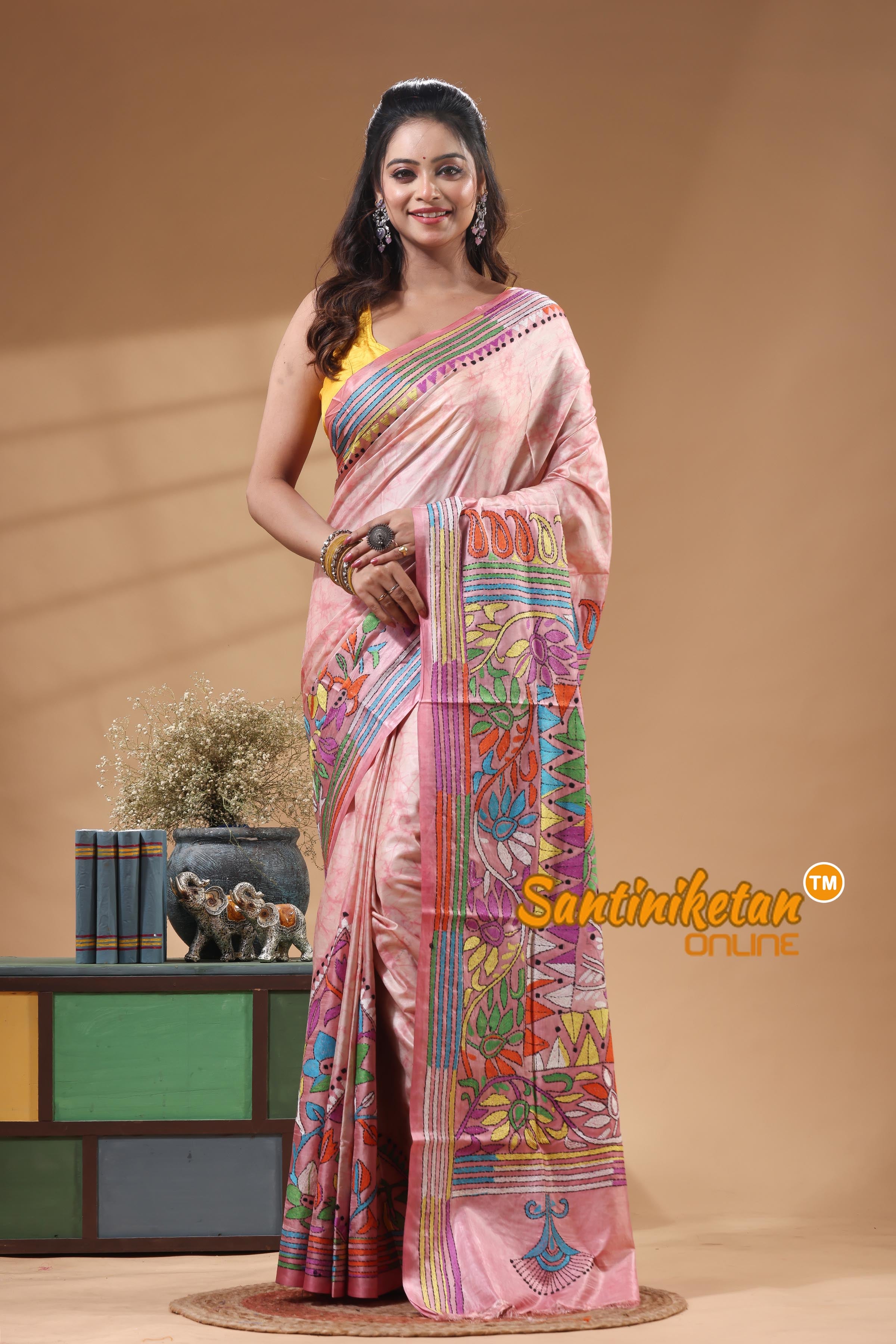 Bangalore Silk Batik Kantha Stitch Saree