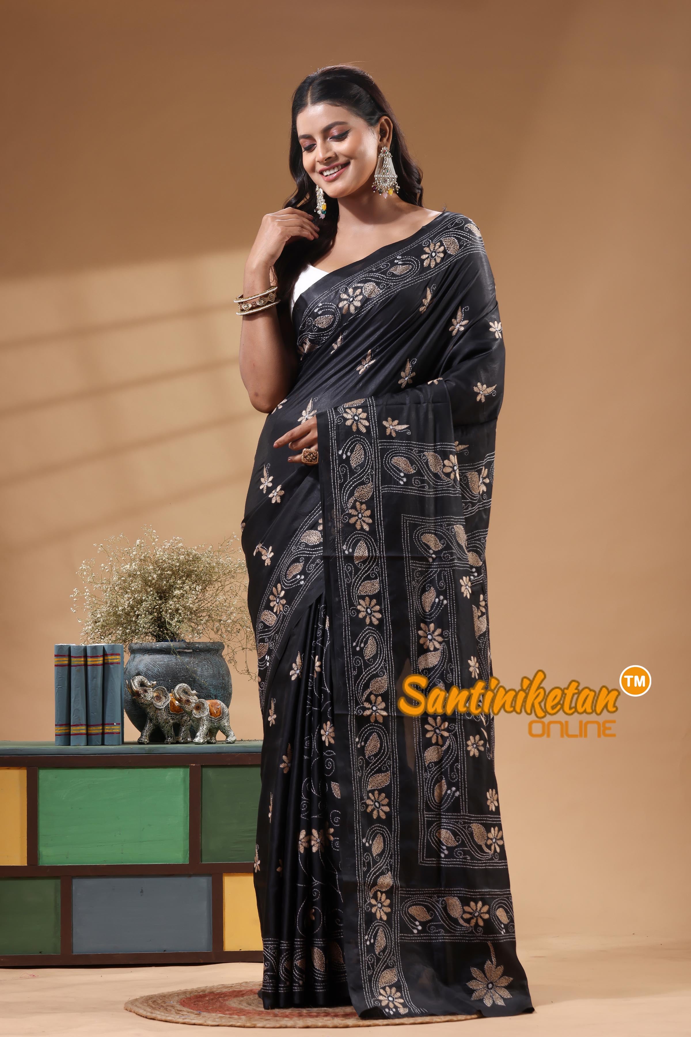 Bangalore Silk Kantha Stitch Saree
