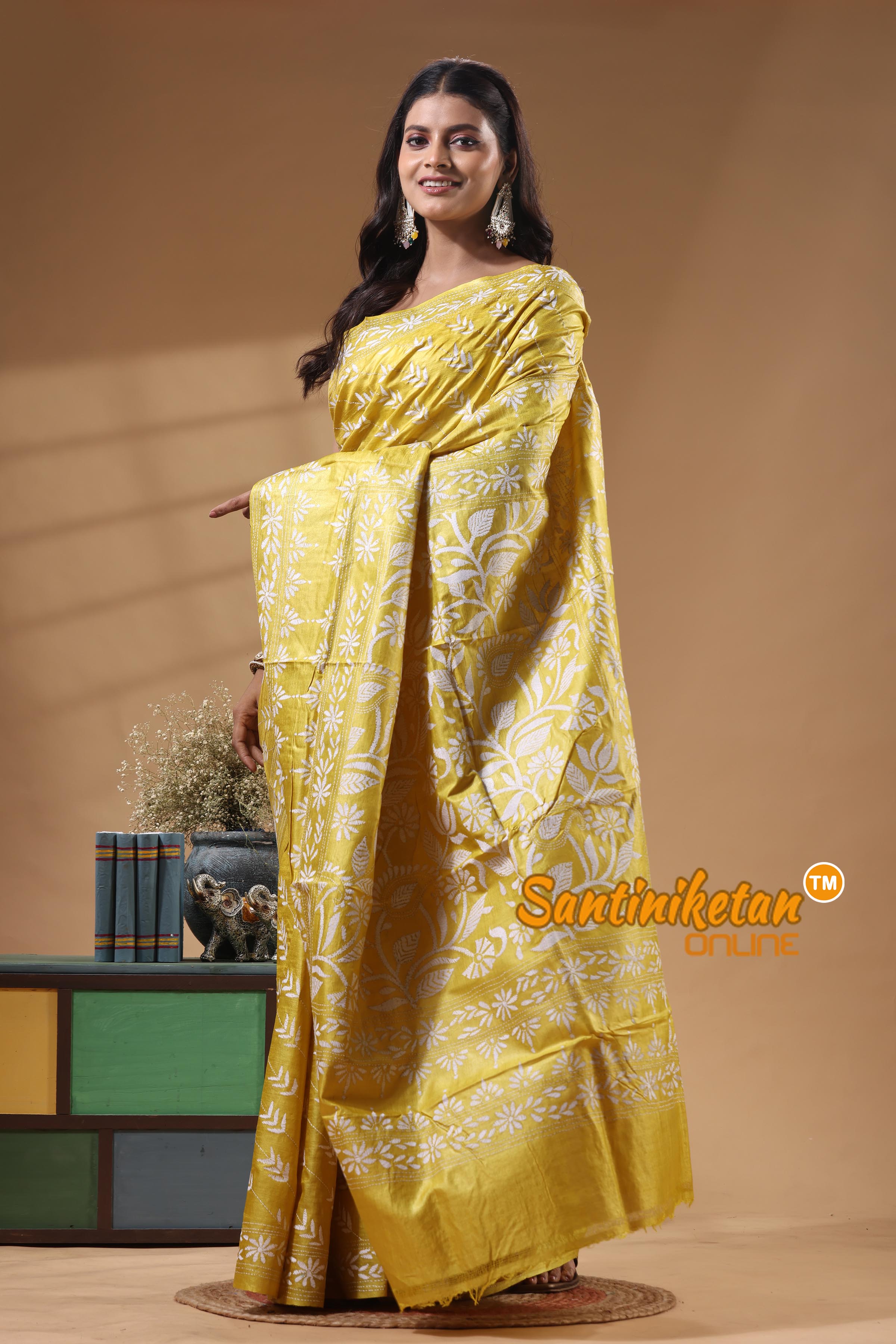 Pure Gachi Dye Tussar Silk Kantha Stitch Saree