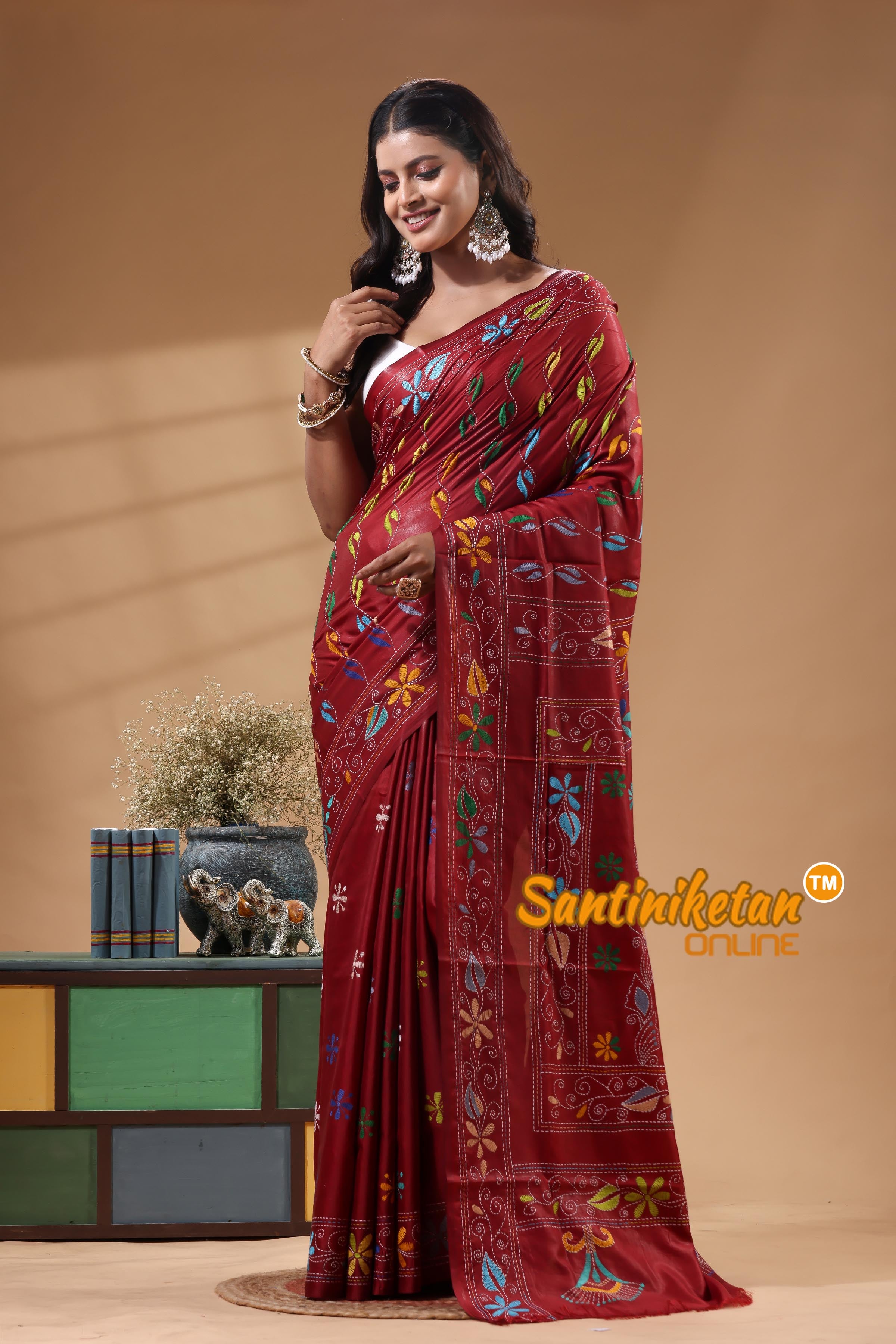 Bangalore Silk Kantha Stitch Saree