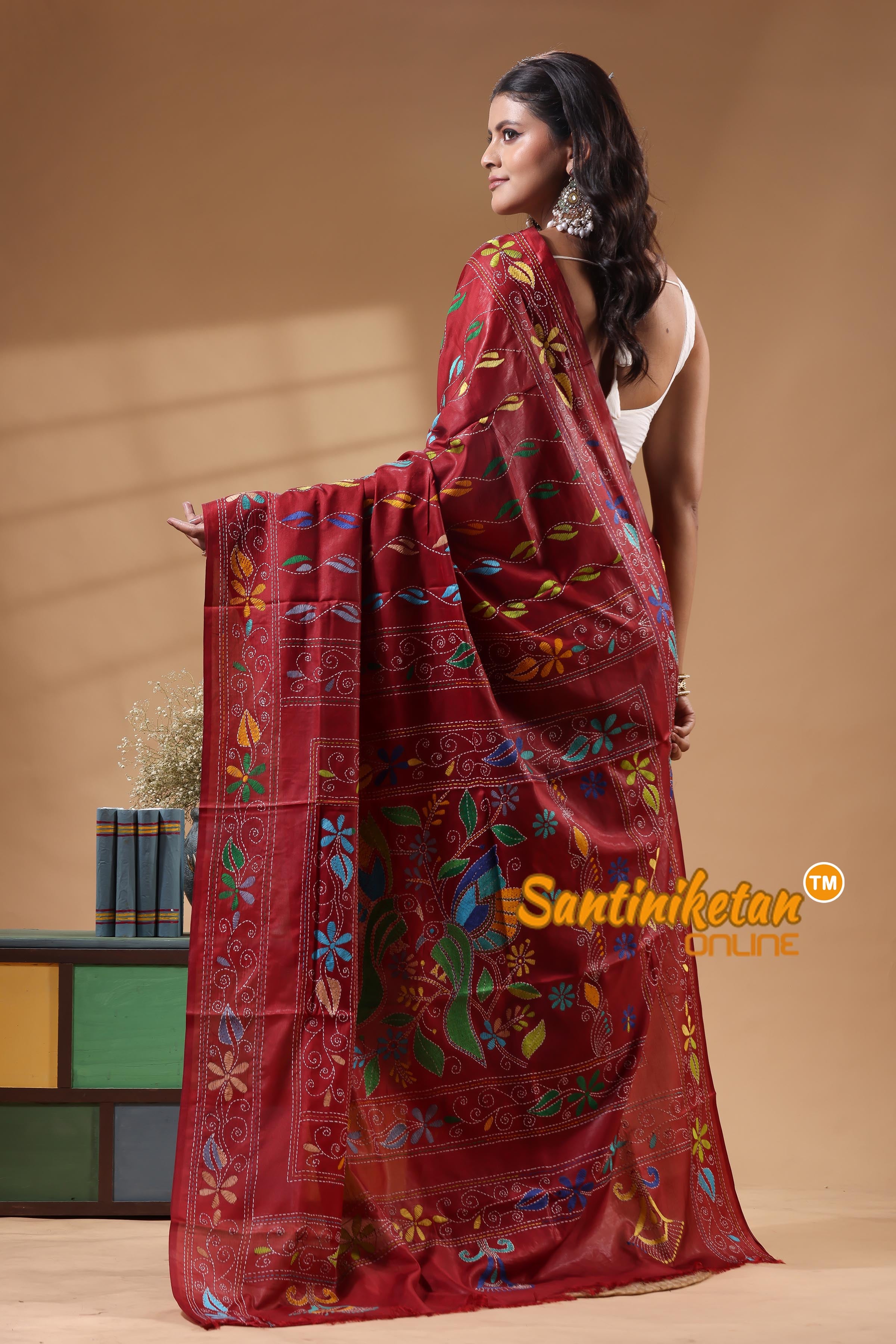 Bangalore Silk Kantha Stitch Saree