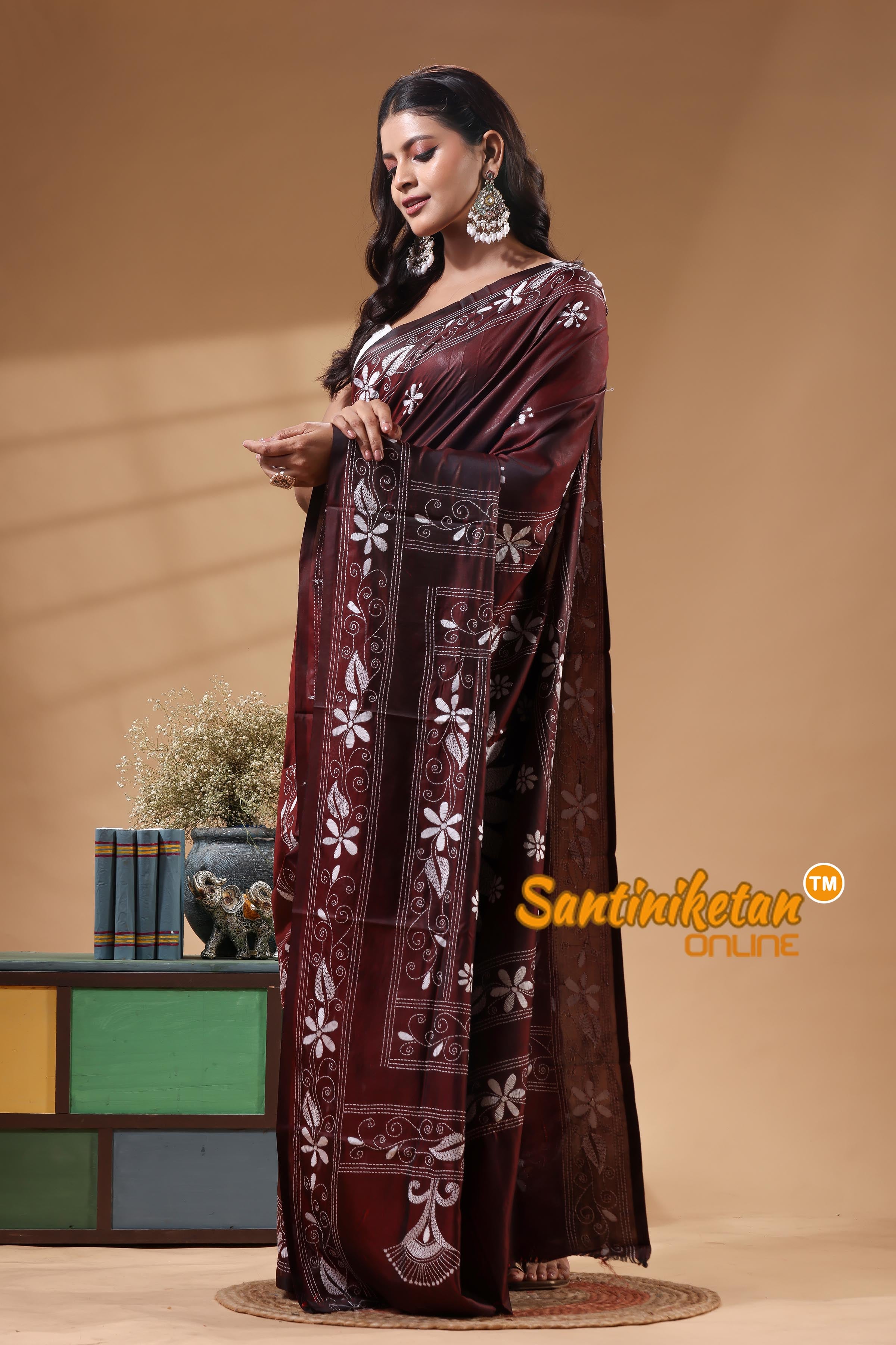 Bangalore Silk Kantha Stitch Saree