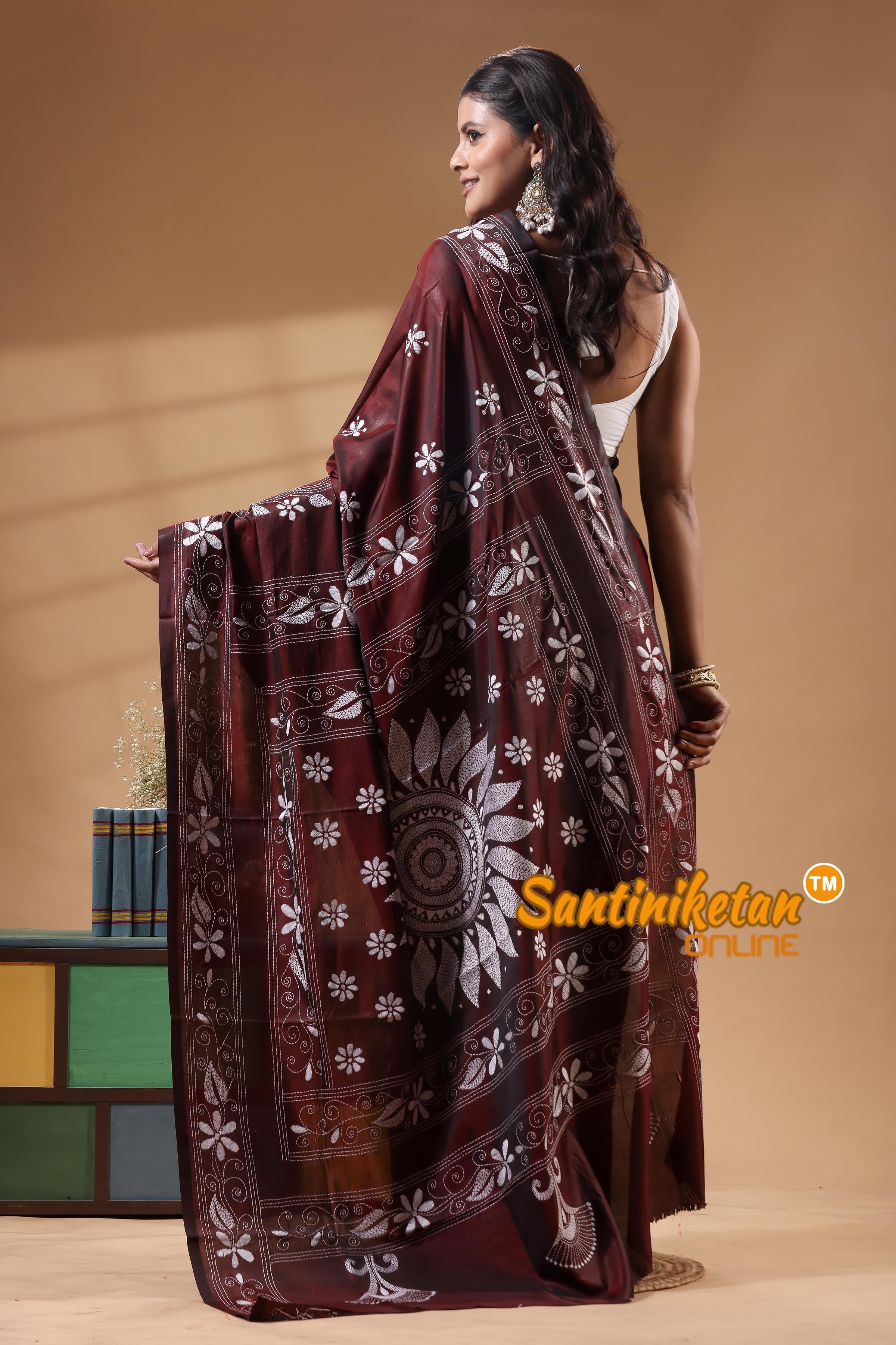 Bangalore Silk Kantha Stitch Saree