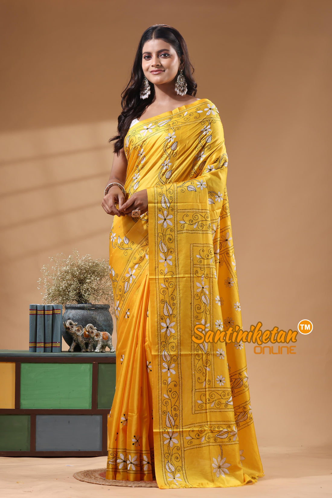 Bangalore Silk Kantha Stitch Saree