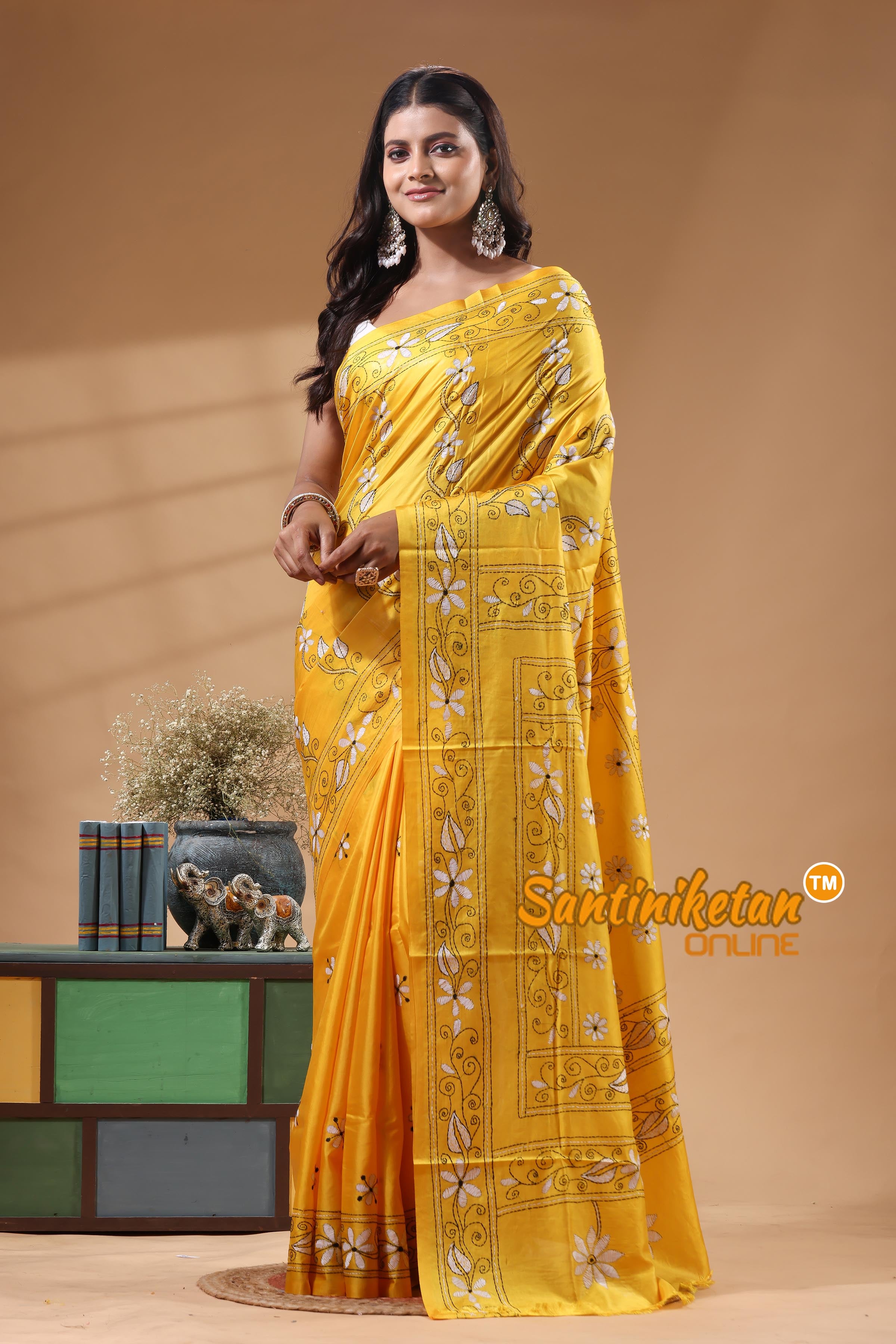 Bangalore Silk Kantha Stitch Saree