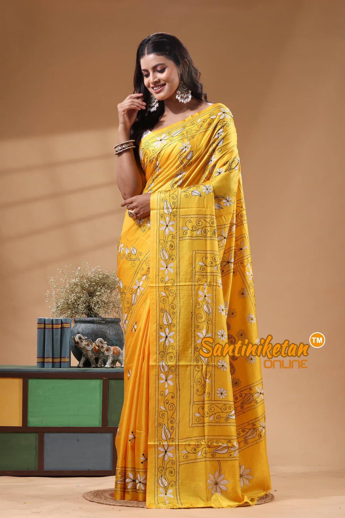 Bangalore Silk Kantha Stitch Saree