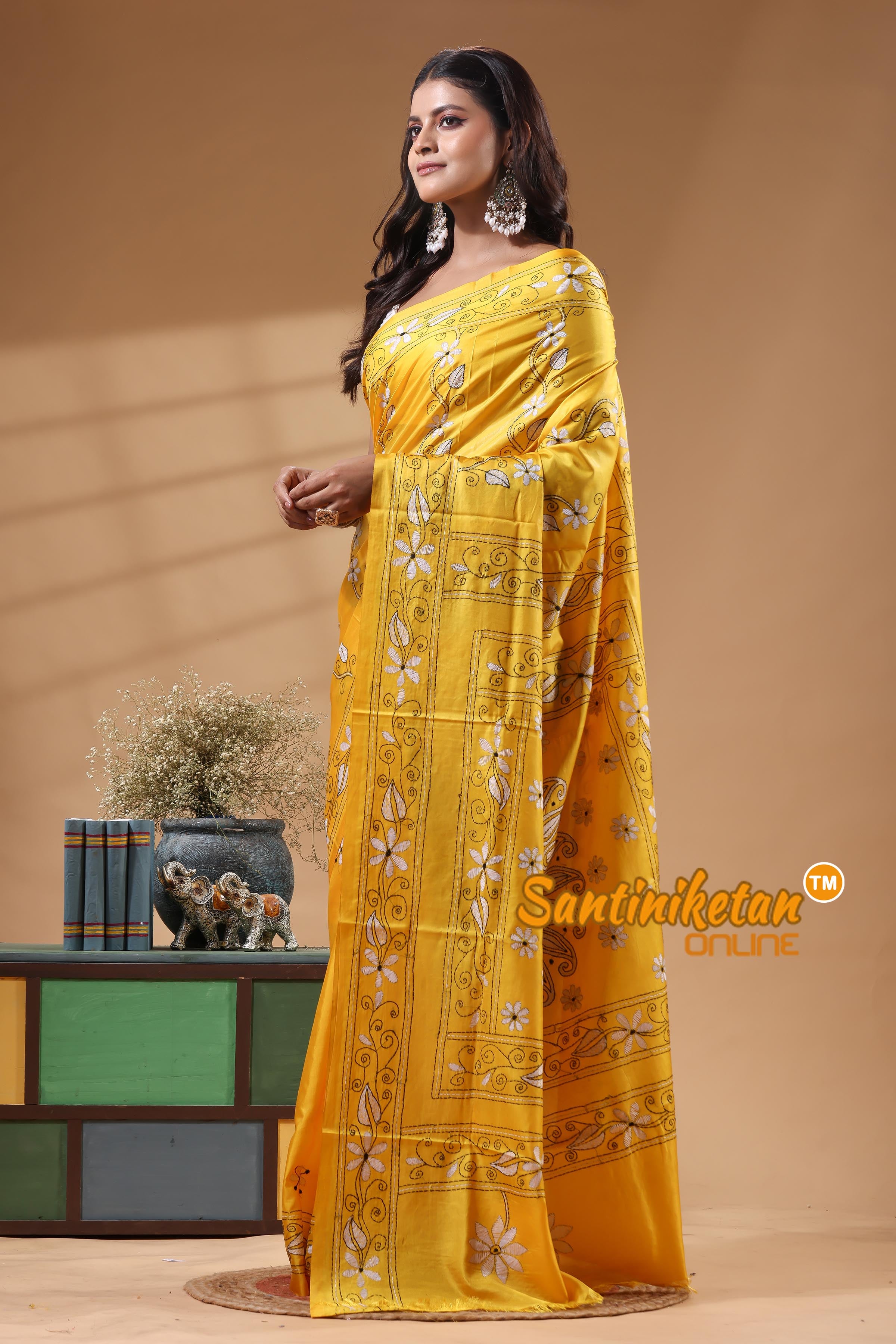 Bangalore Silk Kantha Stitch Saree