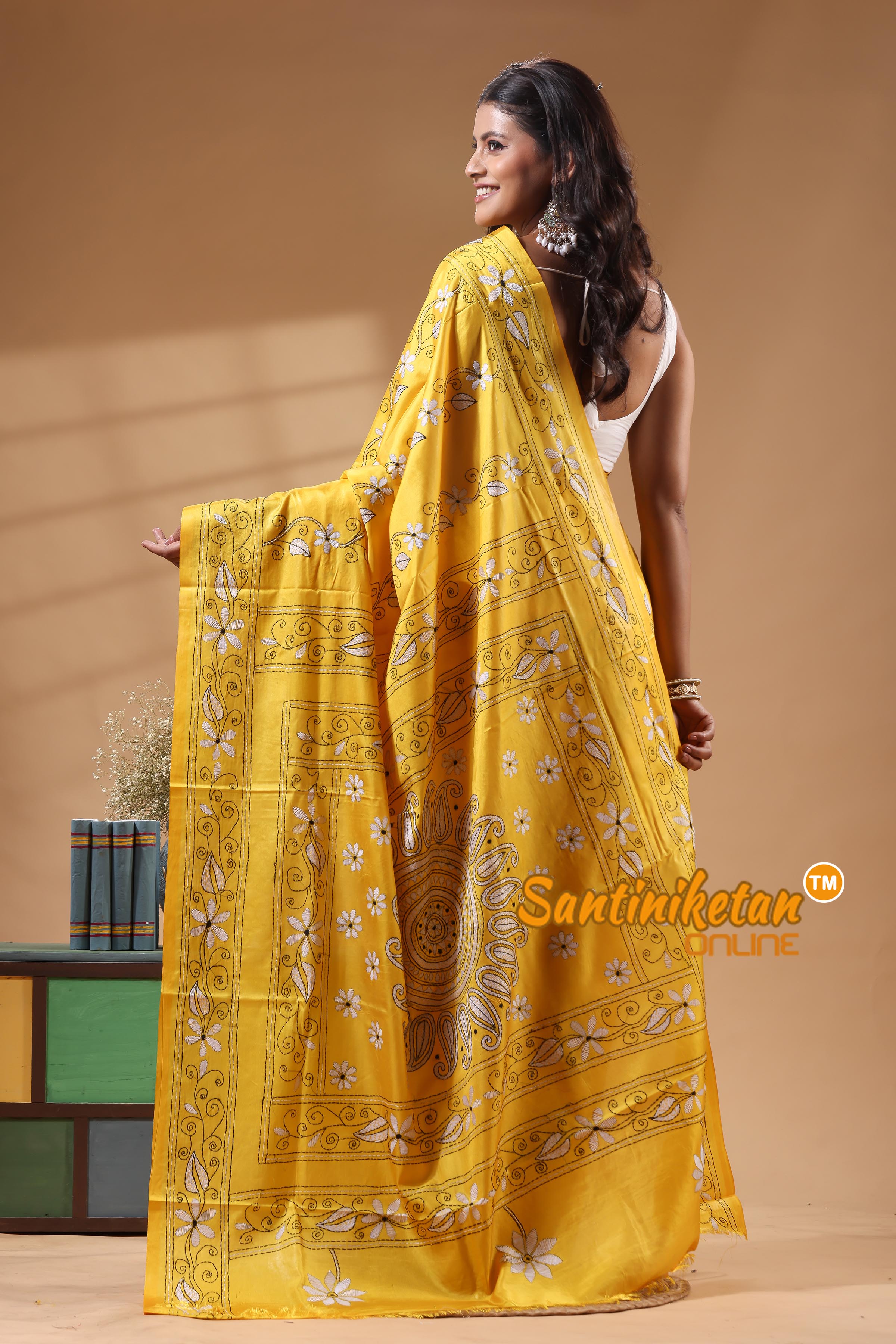 Bangalore Silk Kantha Stitch Saree
