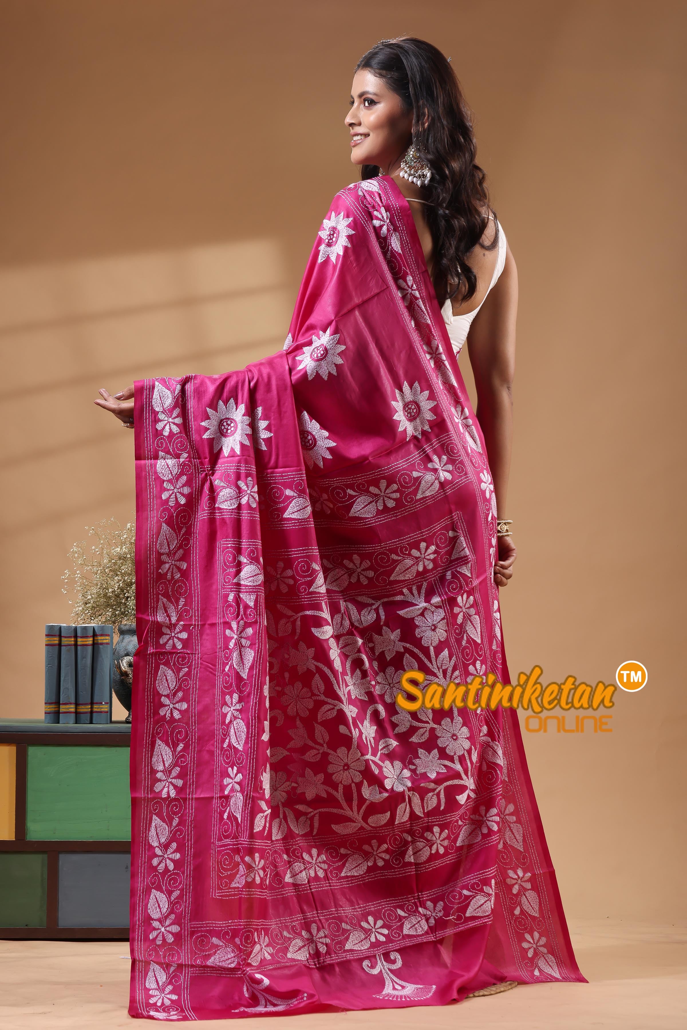 Bangalore Silk Kantha Stitch Saree