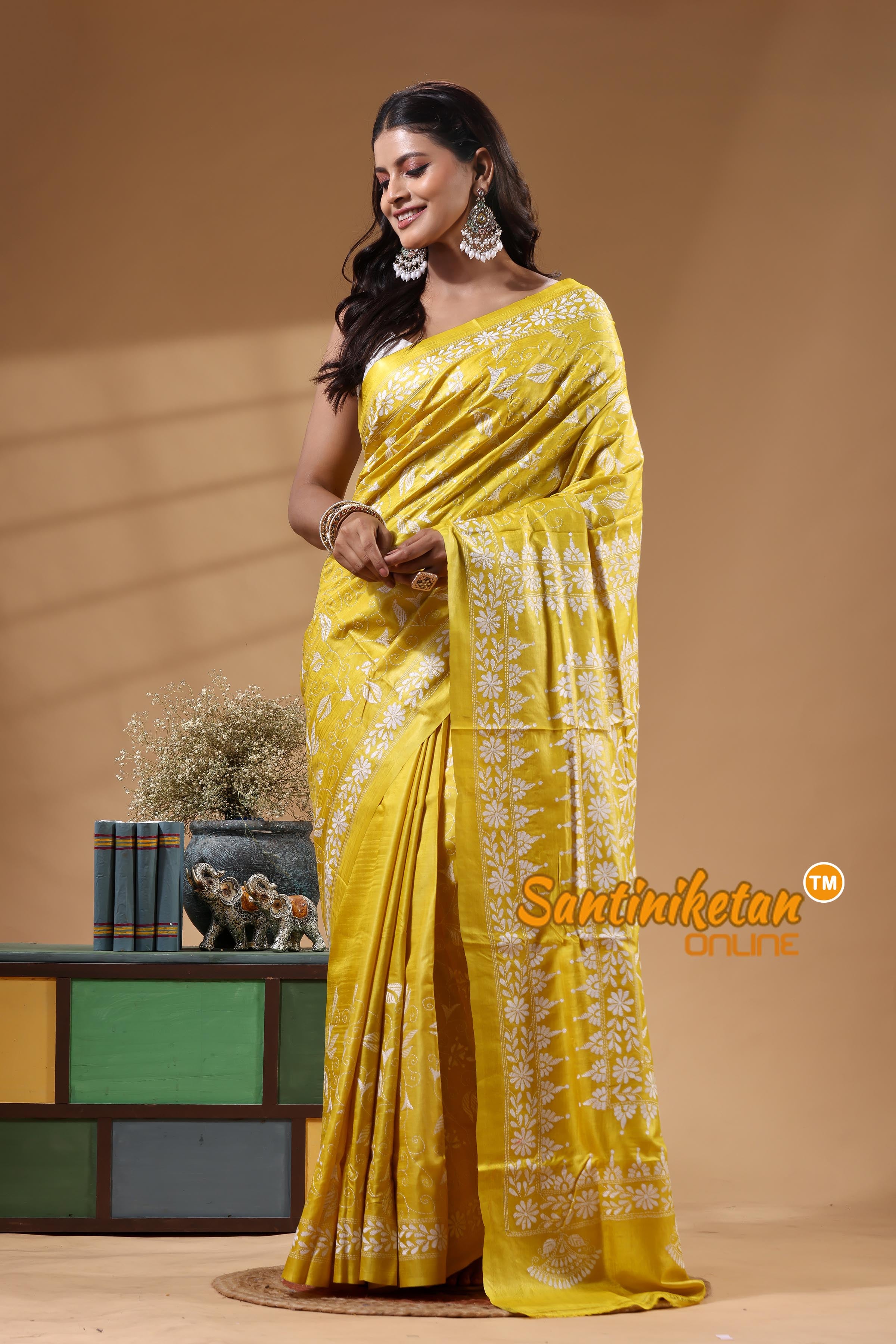 Pure Gachi Dye Tussar Silk Kantha Stitch Saree