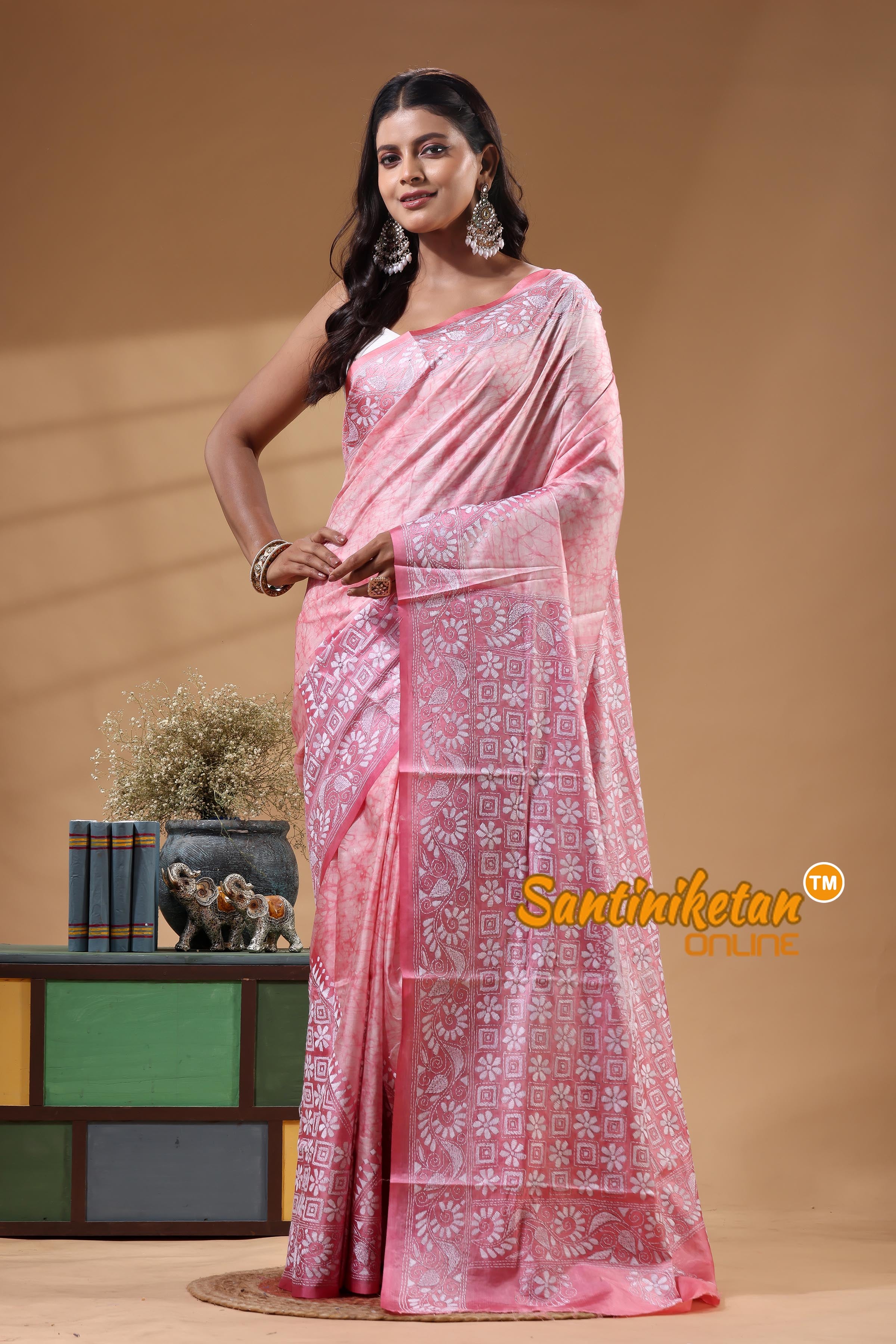 Bangalore Silk Batik Kantha Stitch Saree