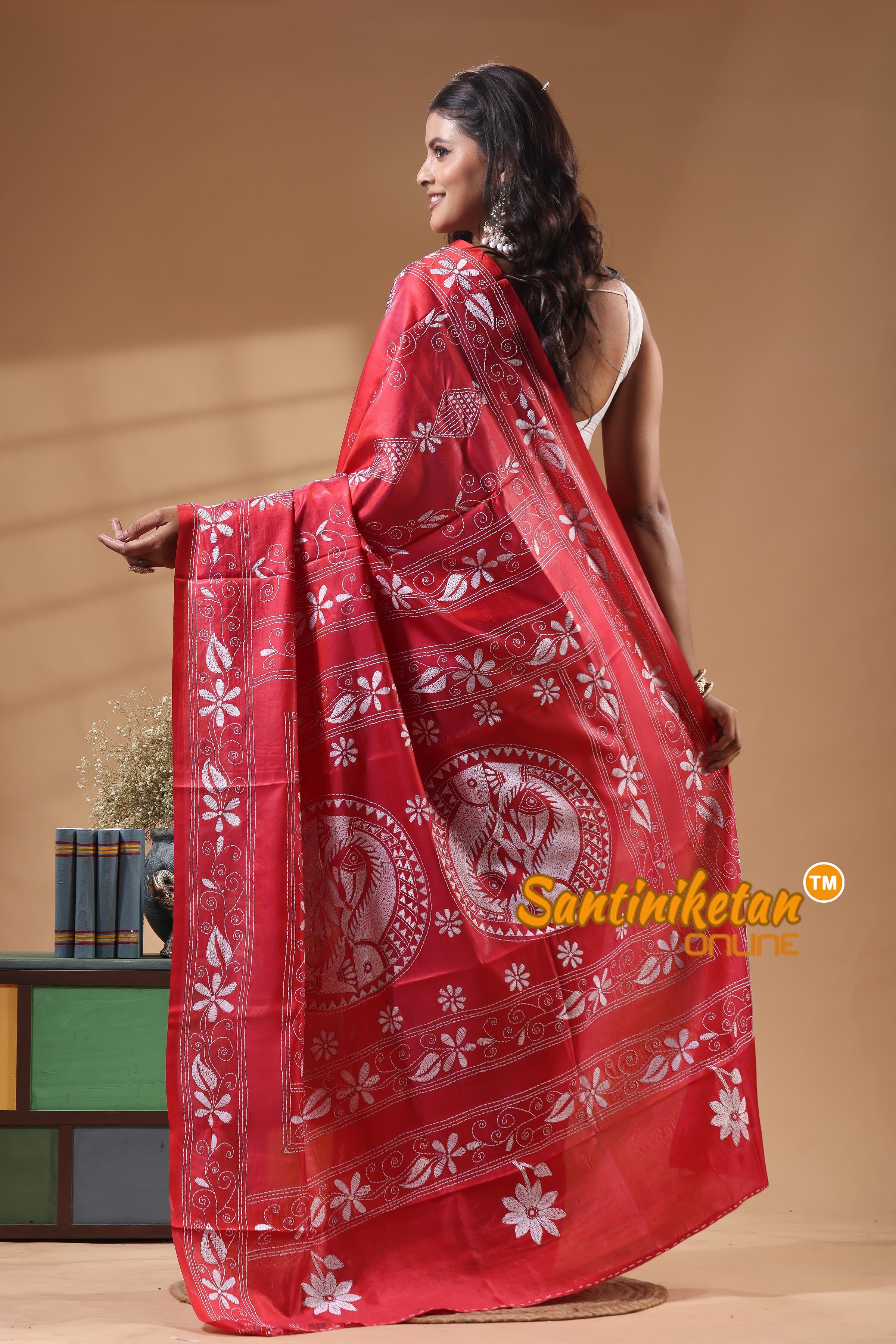 Bangalore Silk Kantha Stitch Saree