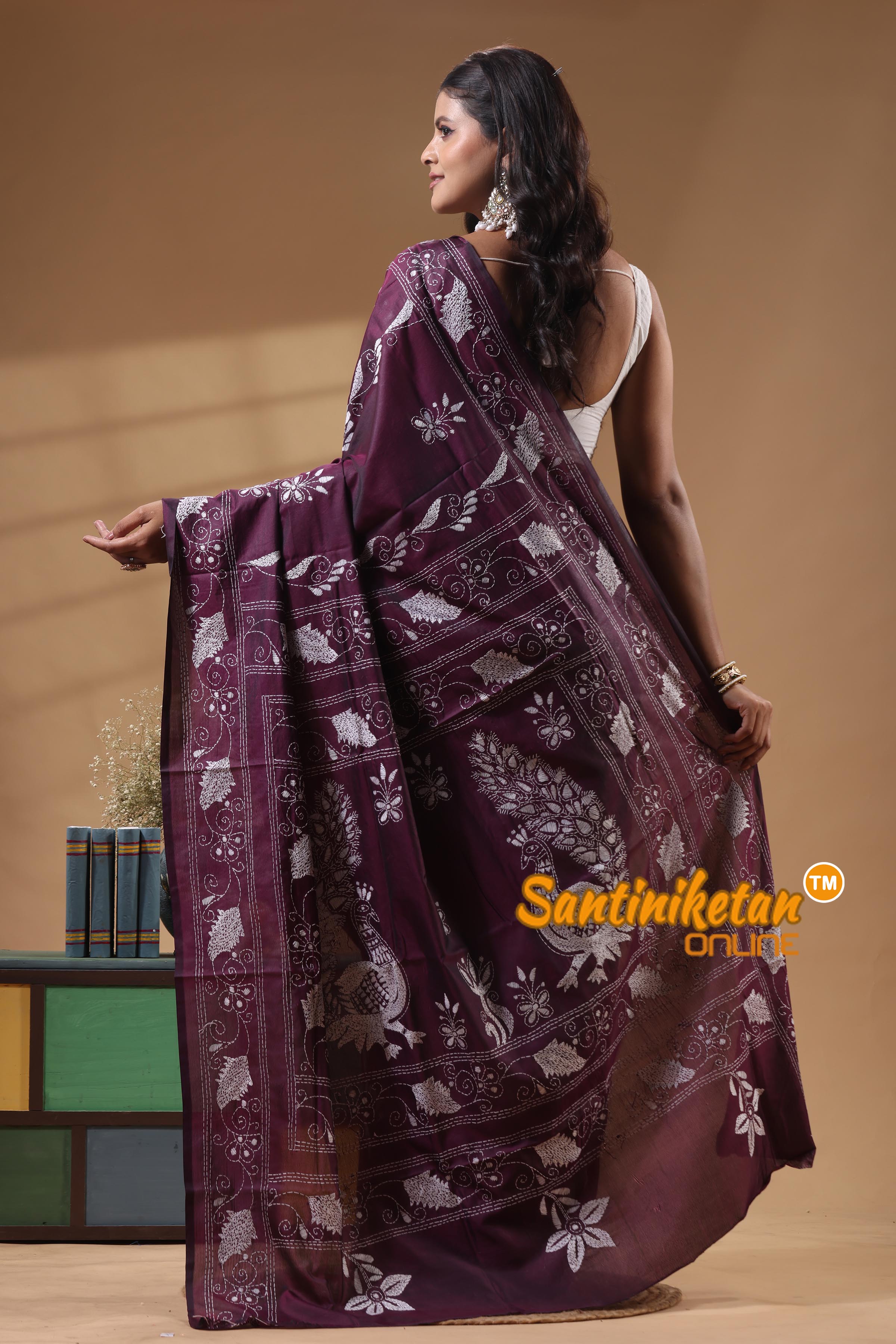 Bangalore Silk Kantha Stitch Saree