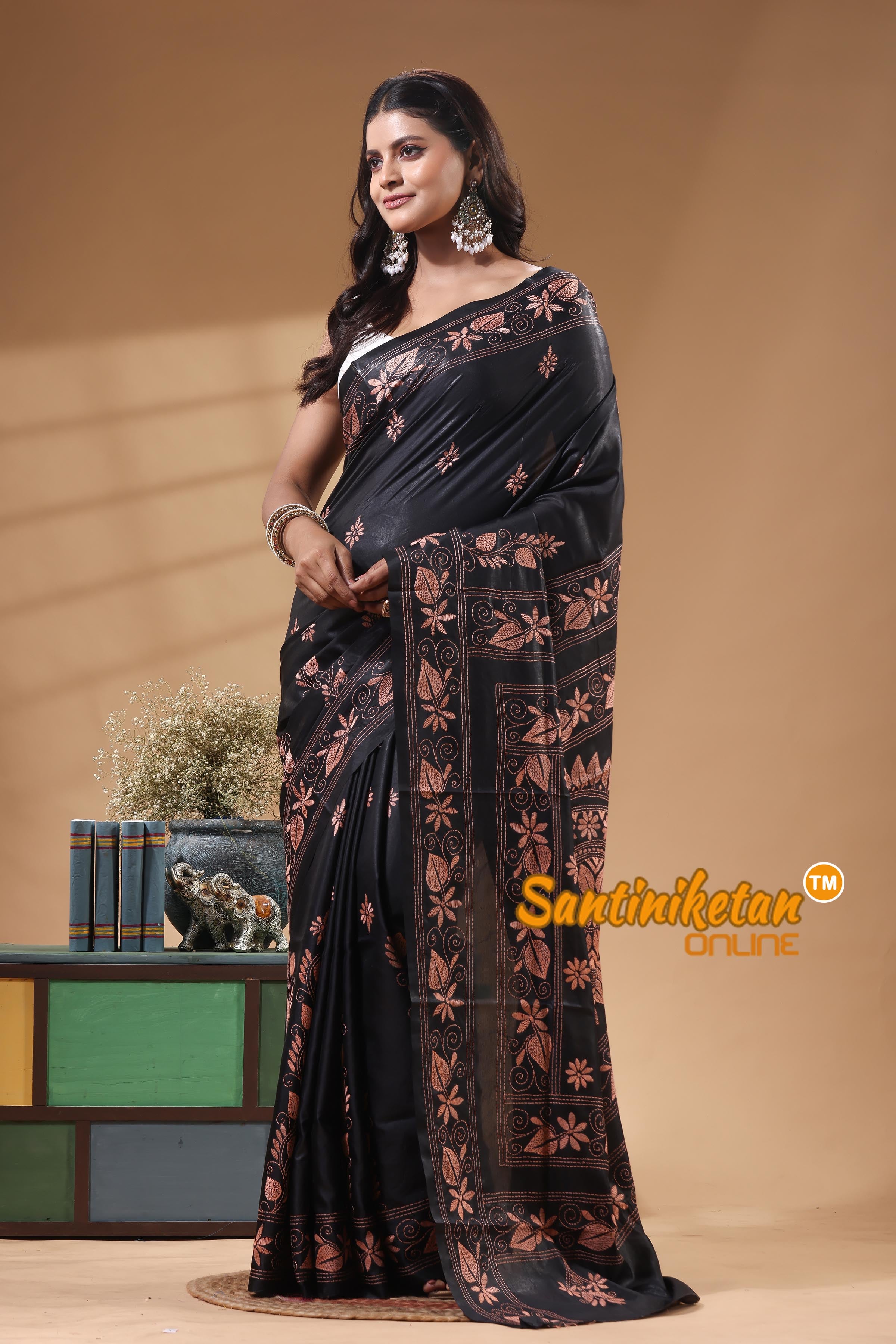 Bangalore Silk Kantha Stitch Saree