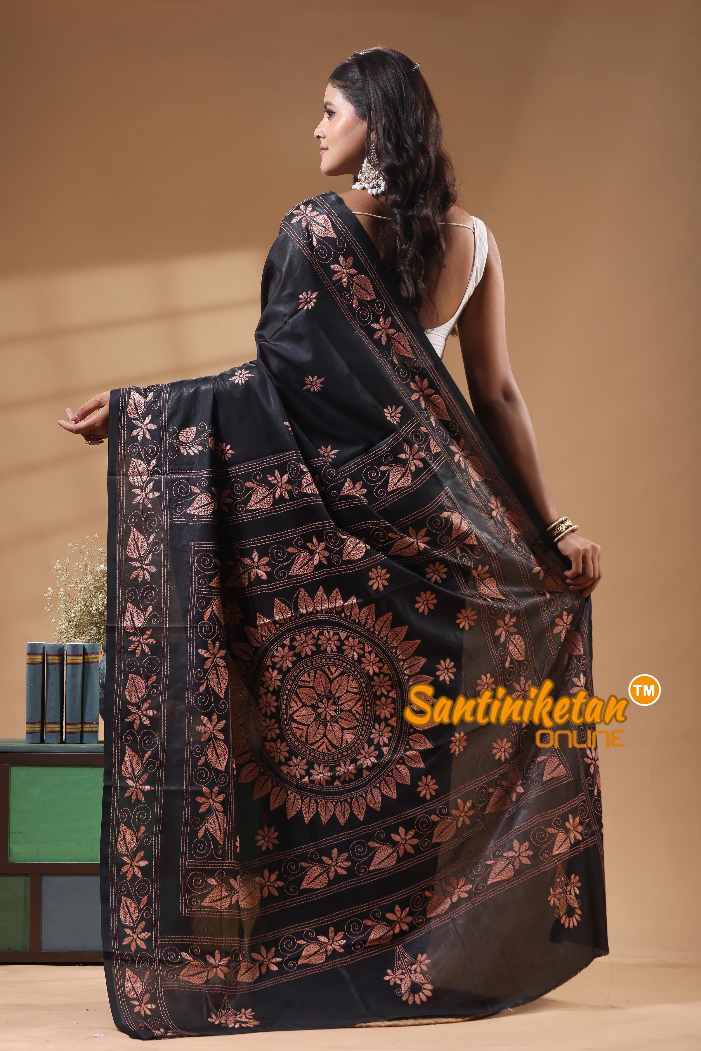 Bangalore Silk Kantha Stitch Saree
