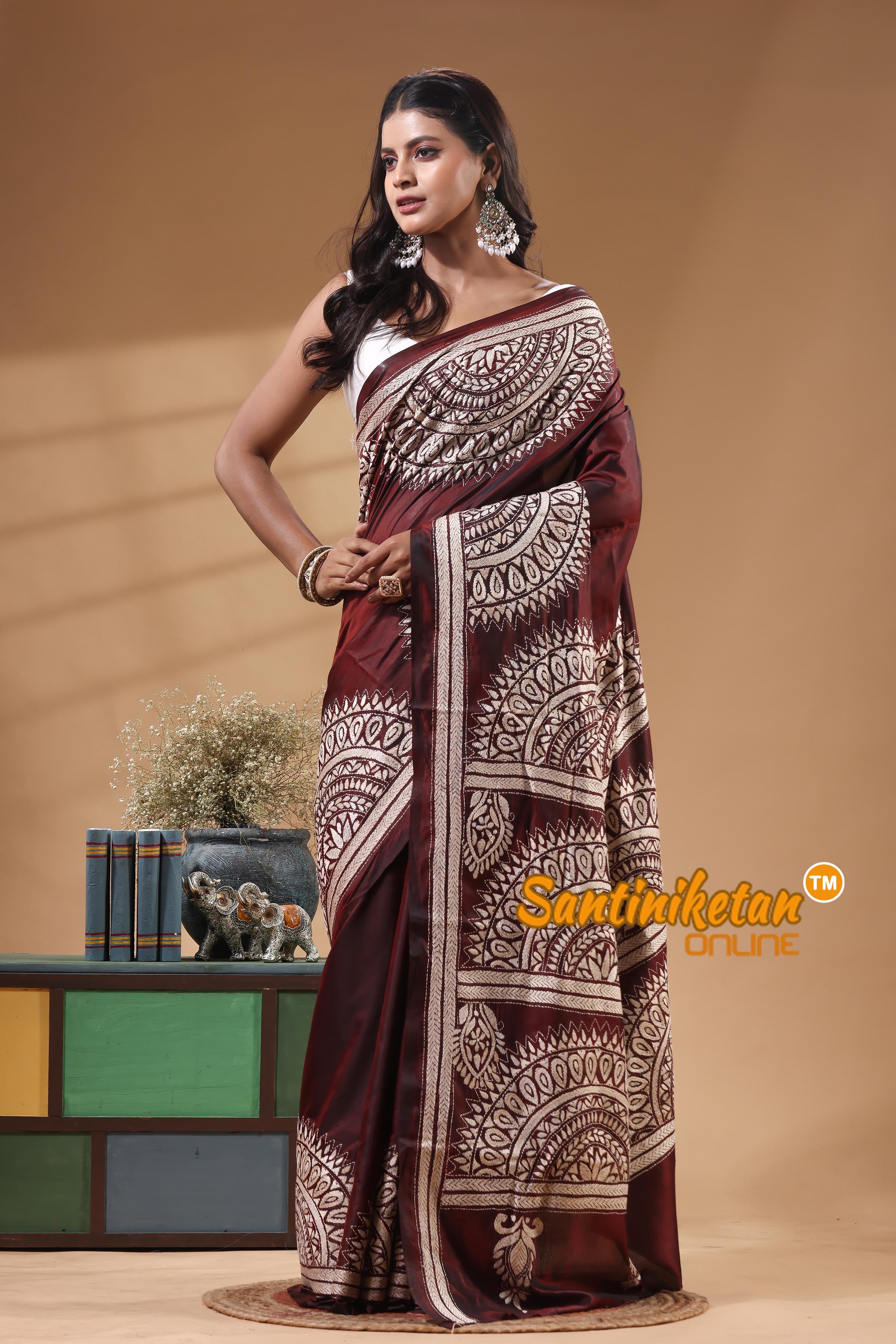 Bangalore Silk Kantha Stitch Saree