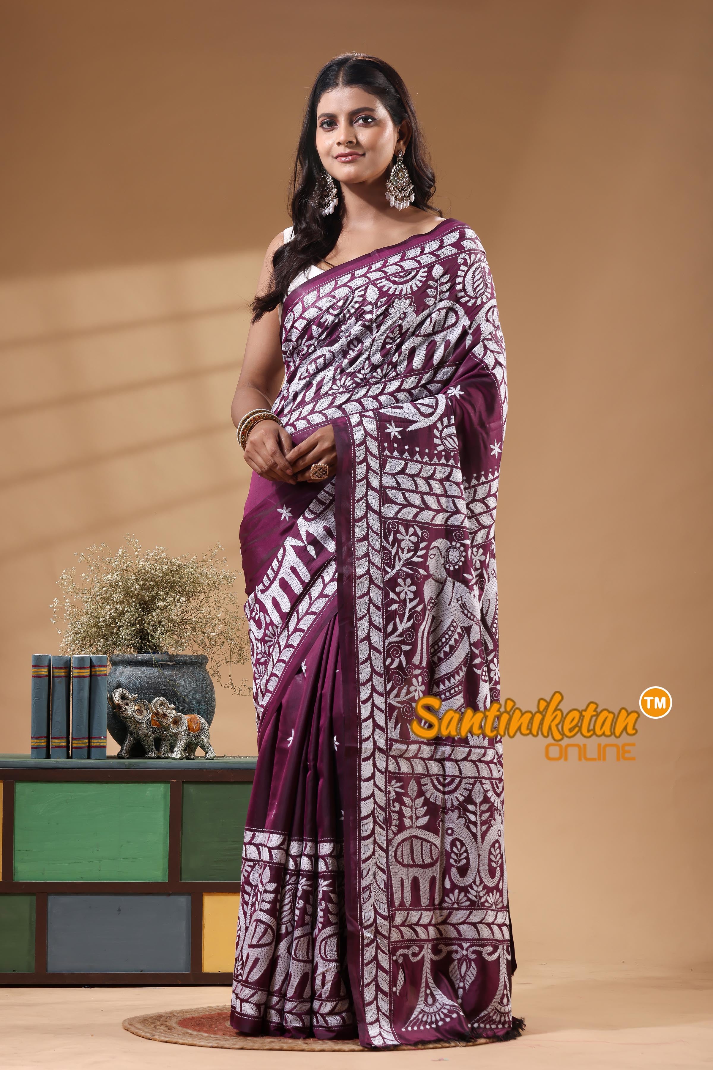 Bangalore Silk Kantha Stitch Saree