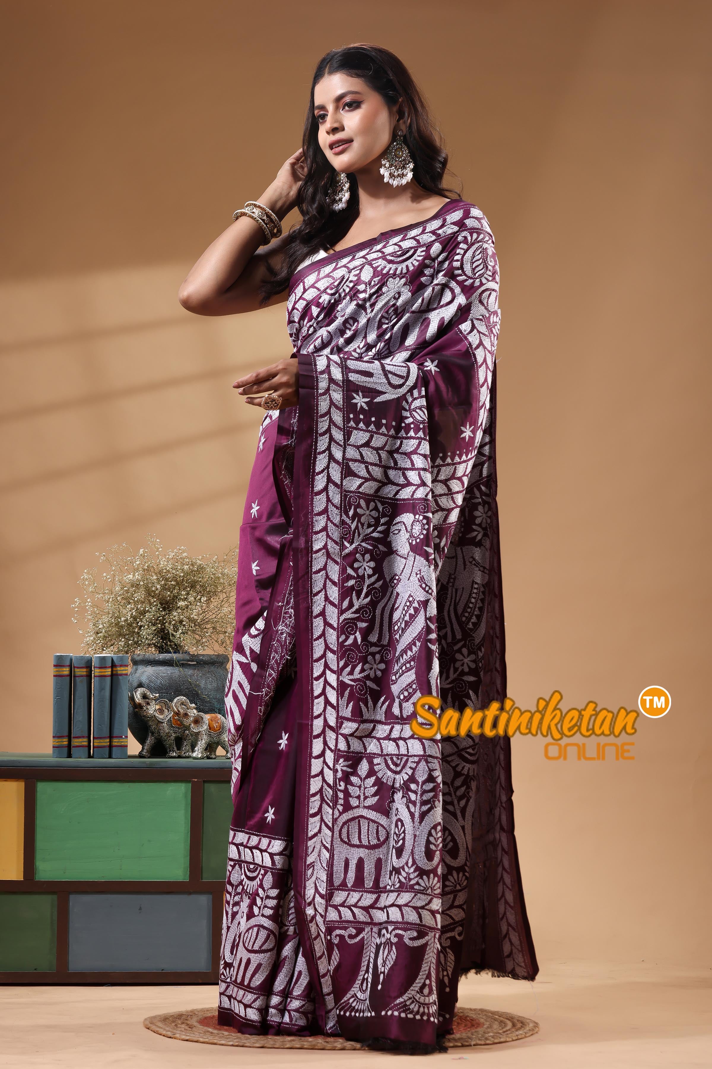 Bangalore Silk Kantha Stitch Saree