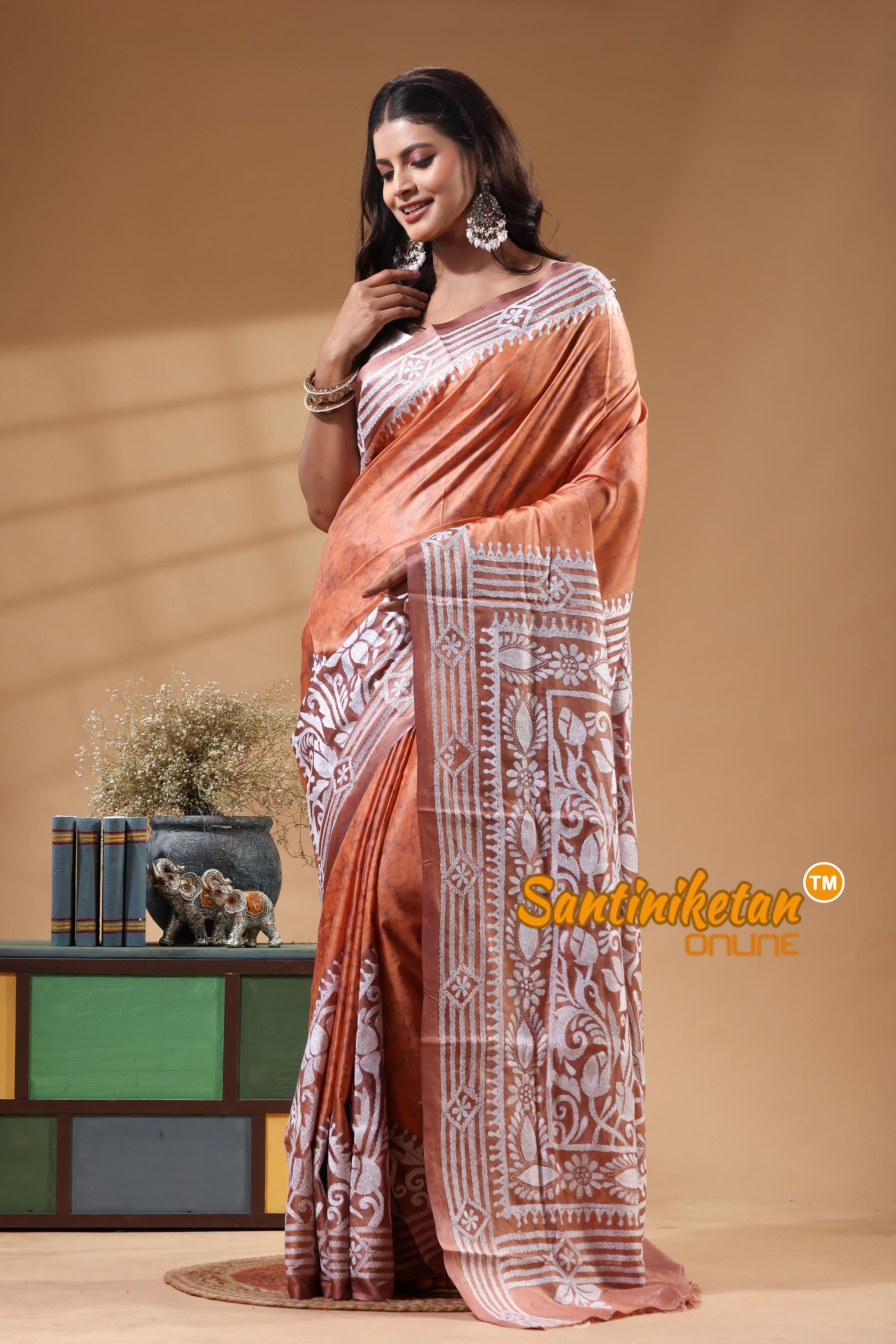 Bangalore Silk Batik Kantha Stitch Saree