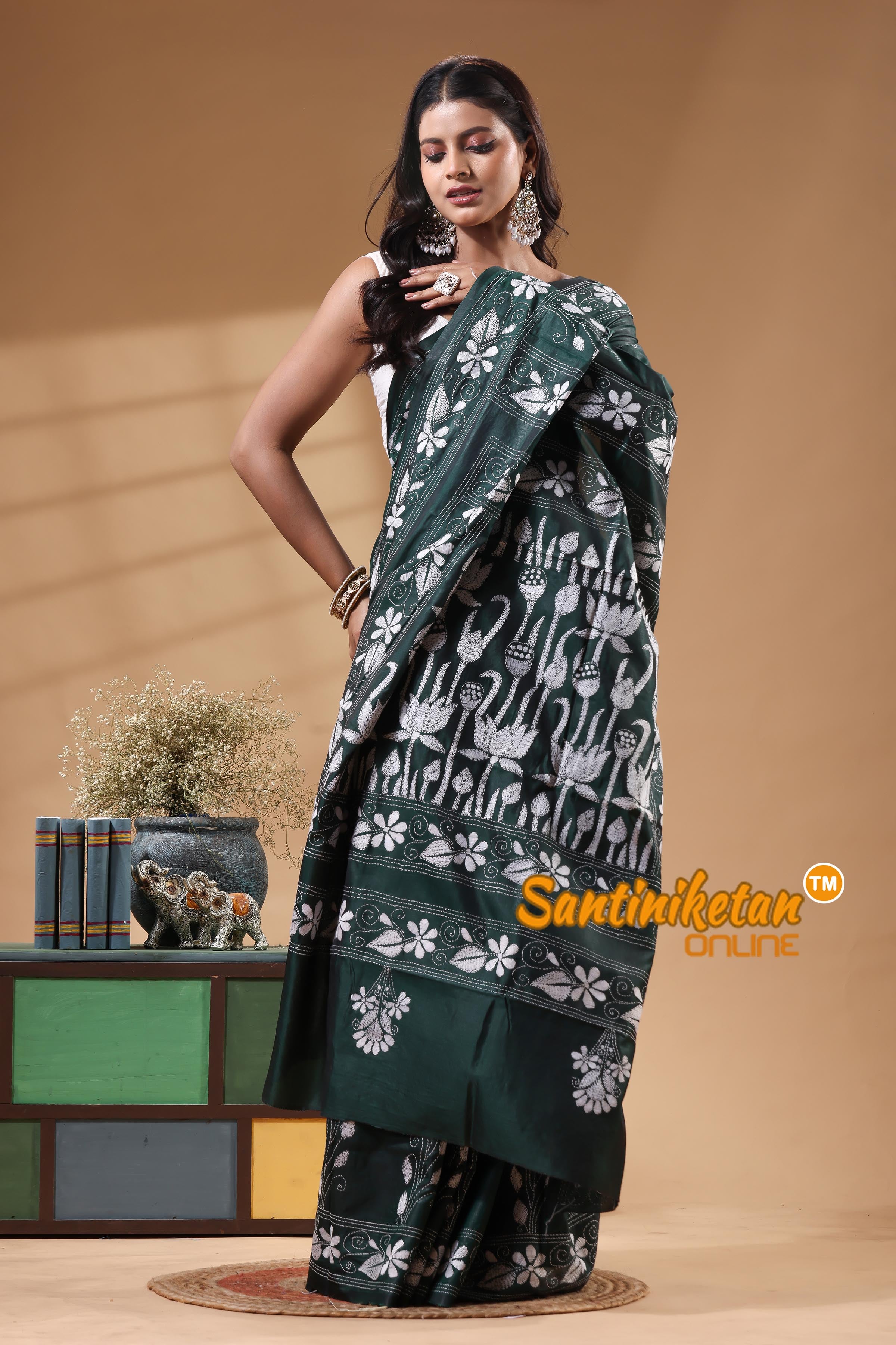 Bangalore Silk Kantha Stitch Saree