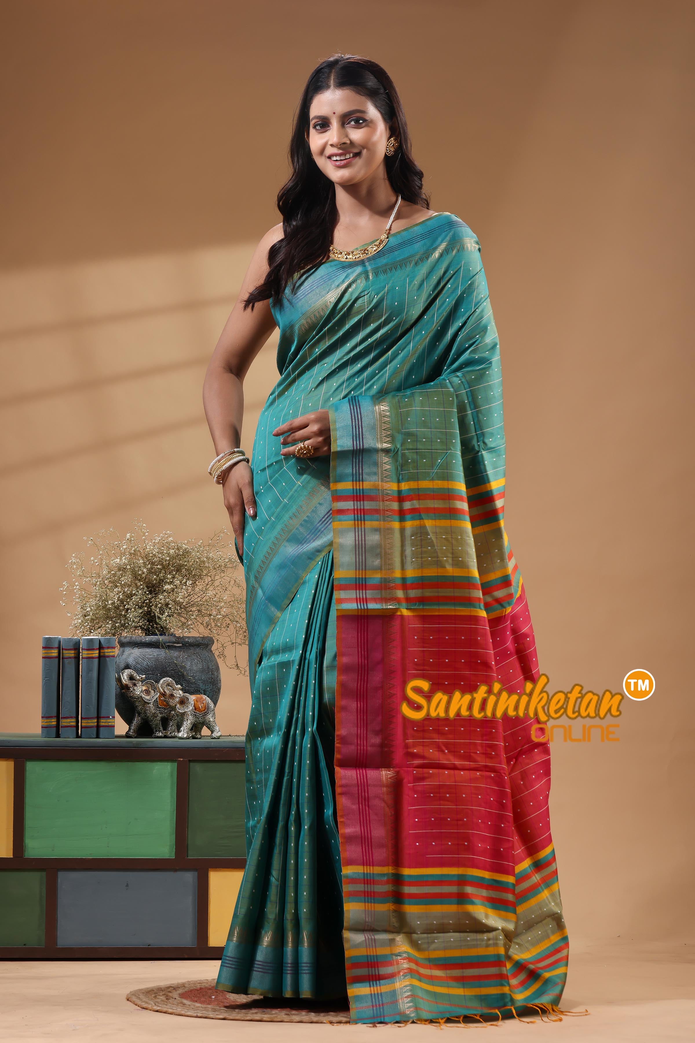 Bishnupur Katan Silk Saree With Zari Tample Border And All Body Buti