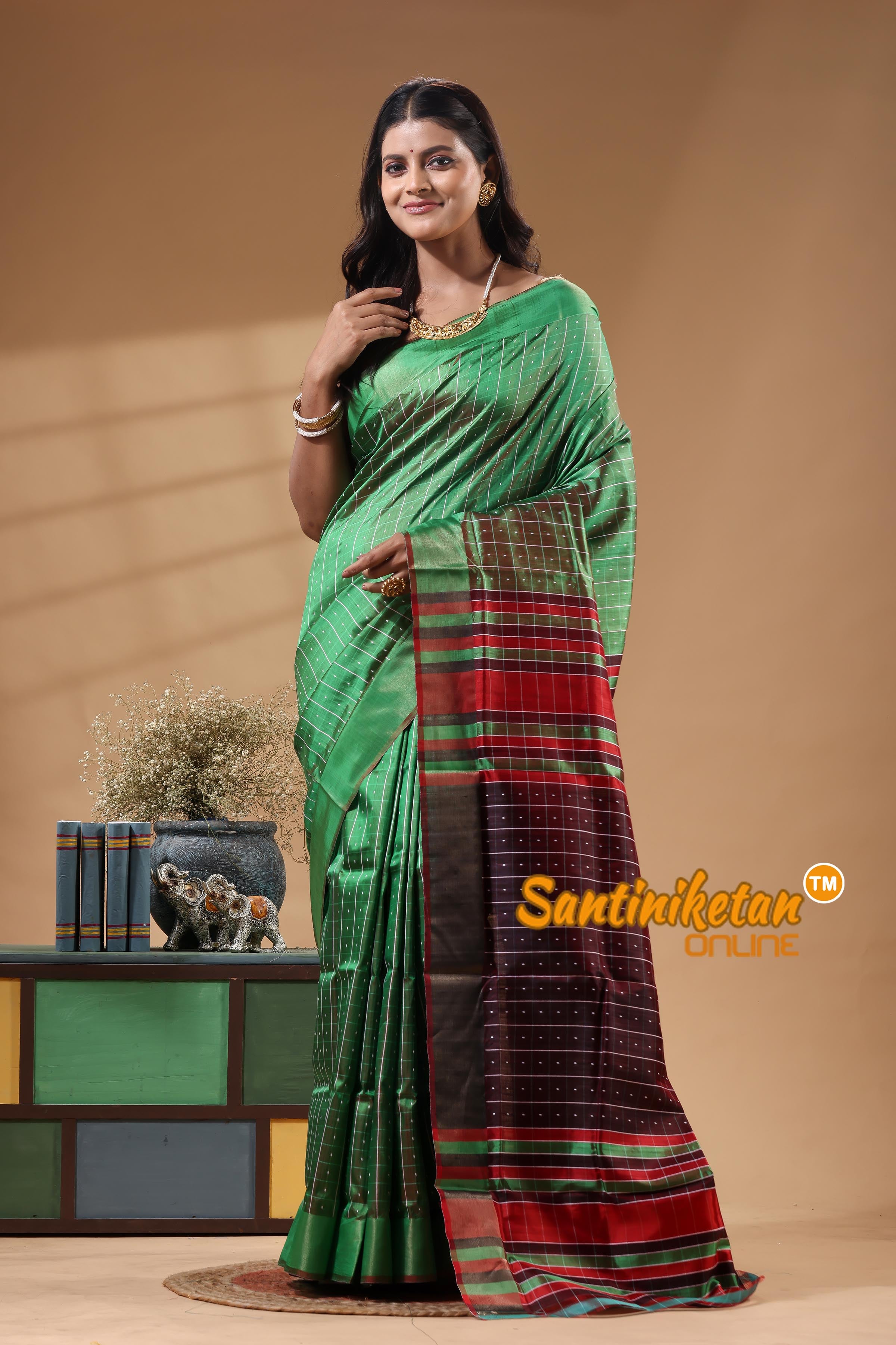 Bishnupur Katan Silk Saree With Zari Tample Border And All Body Buti