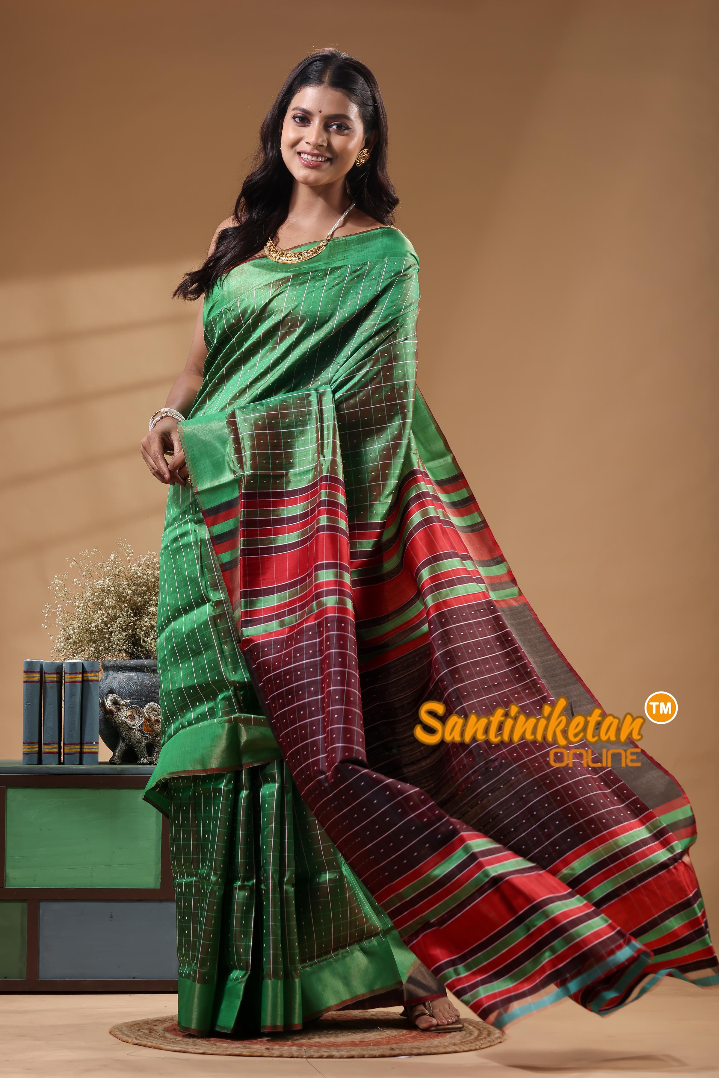 Bishnupur Katan Silk Saree With Zari Tample Border And All Body Buti