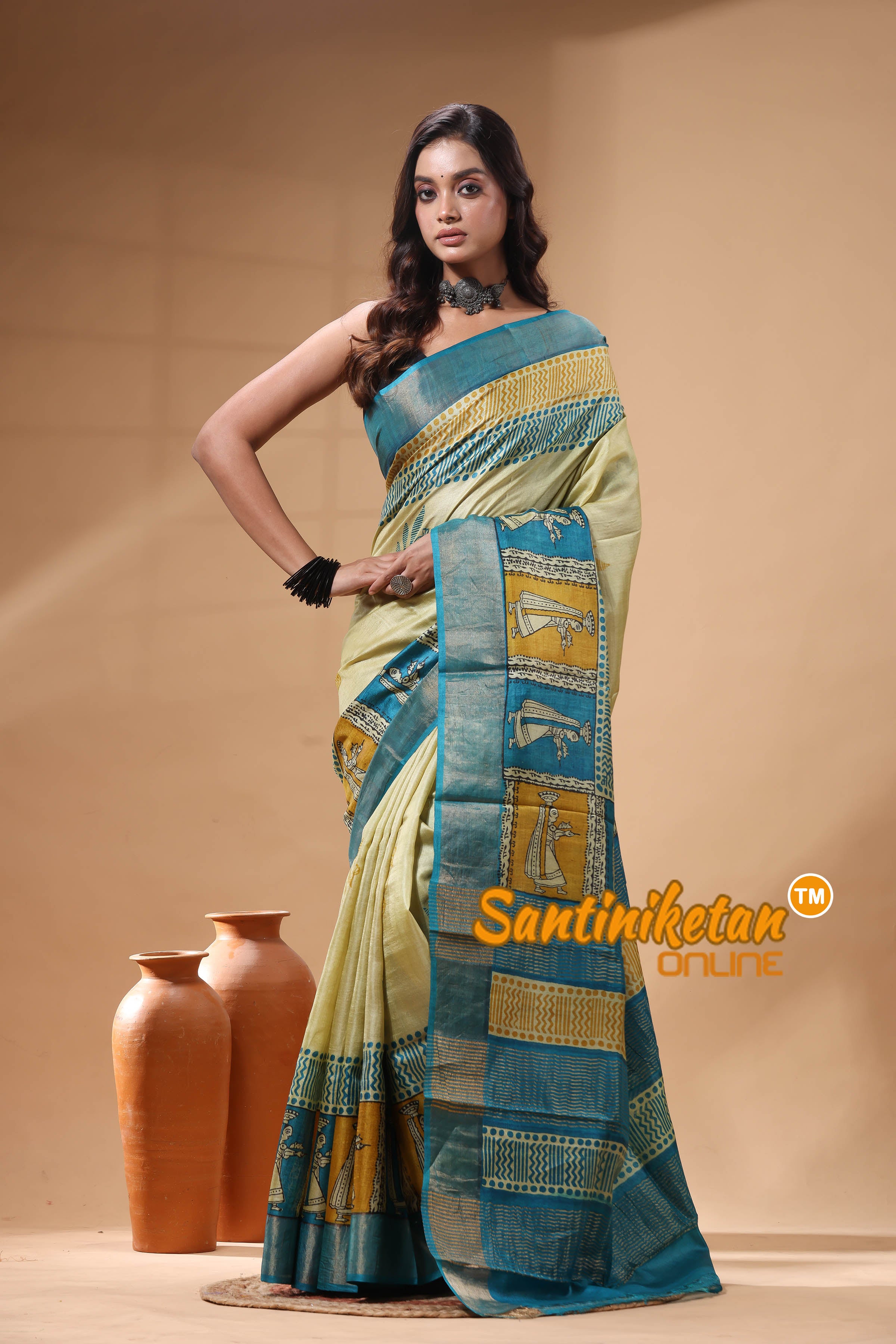 Pure Zari Tussar Hand Block Painted Saree SN2630082