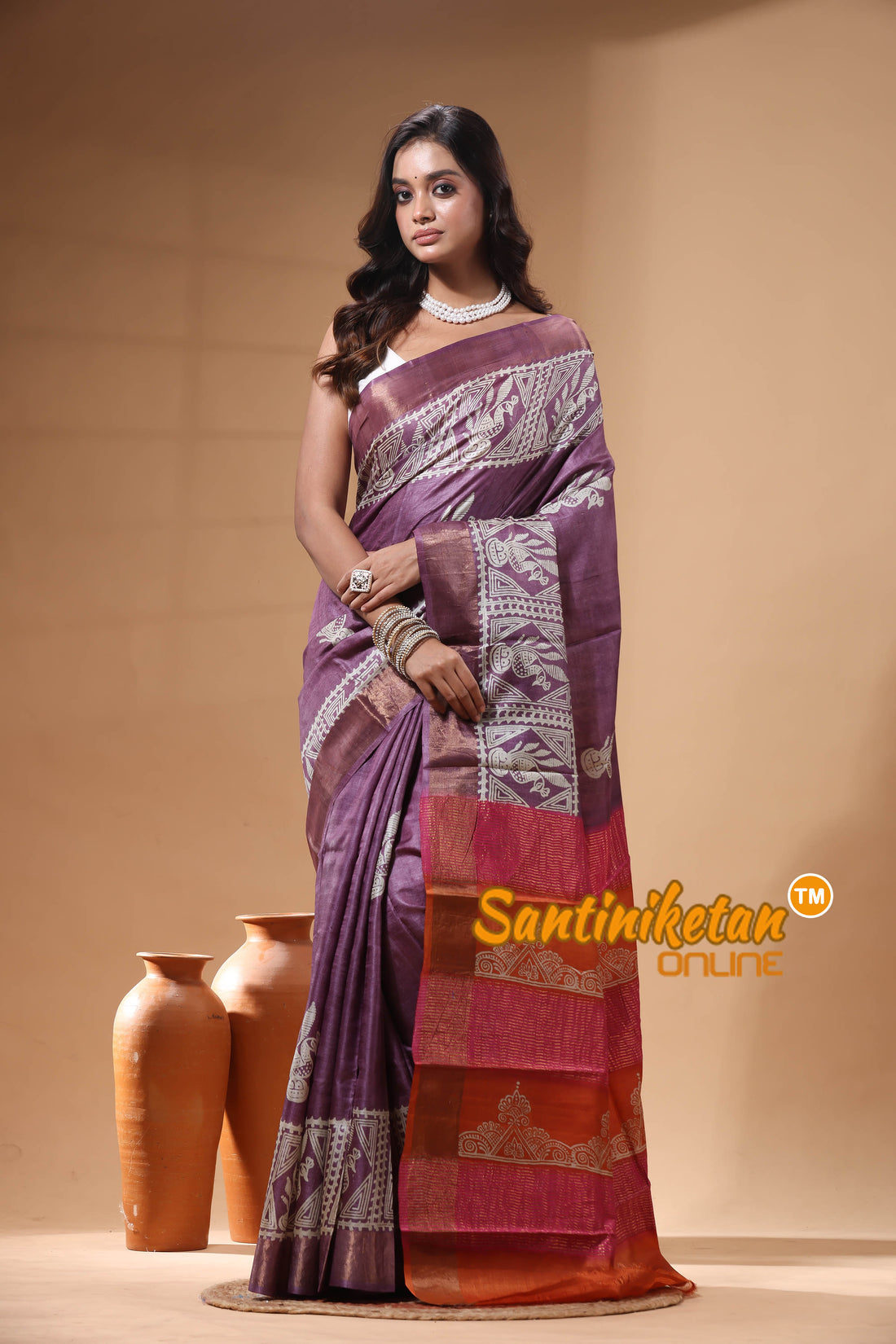 Pure Zari Tussar Hand Block Painted Saree SN2630251