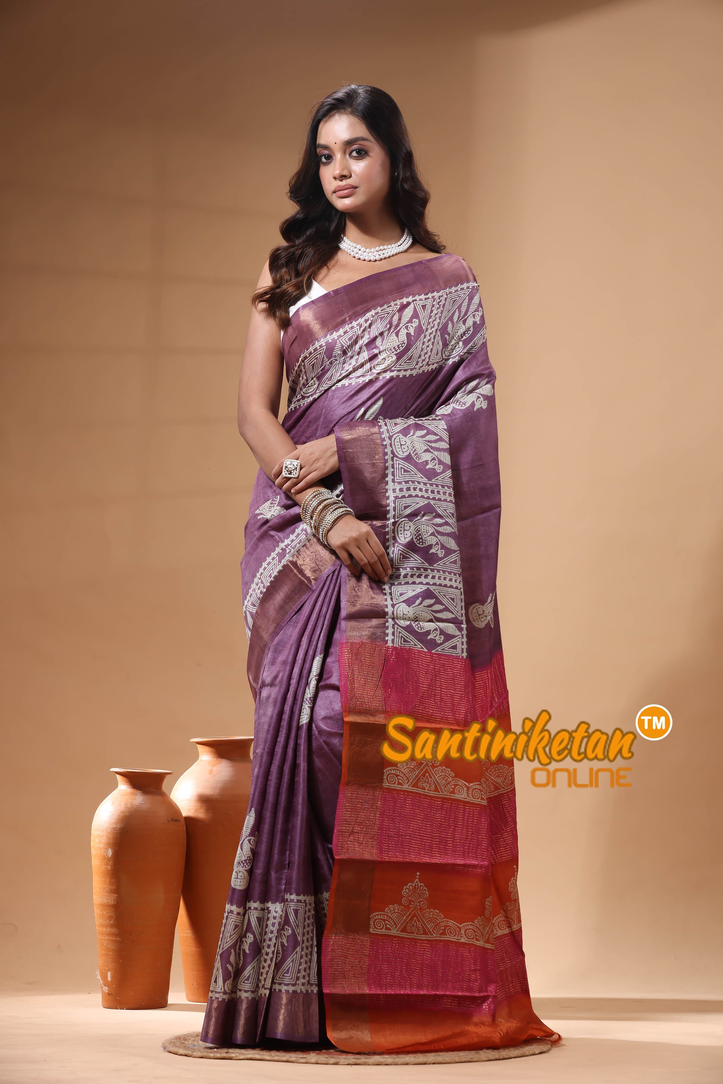 Pure Zari Tussar Hand Block Painted Saree SN2630251