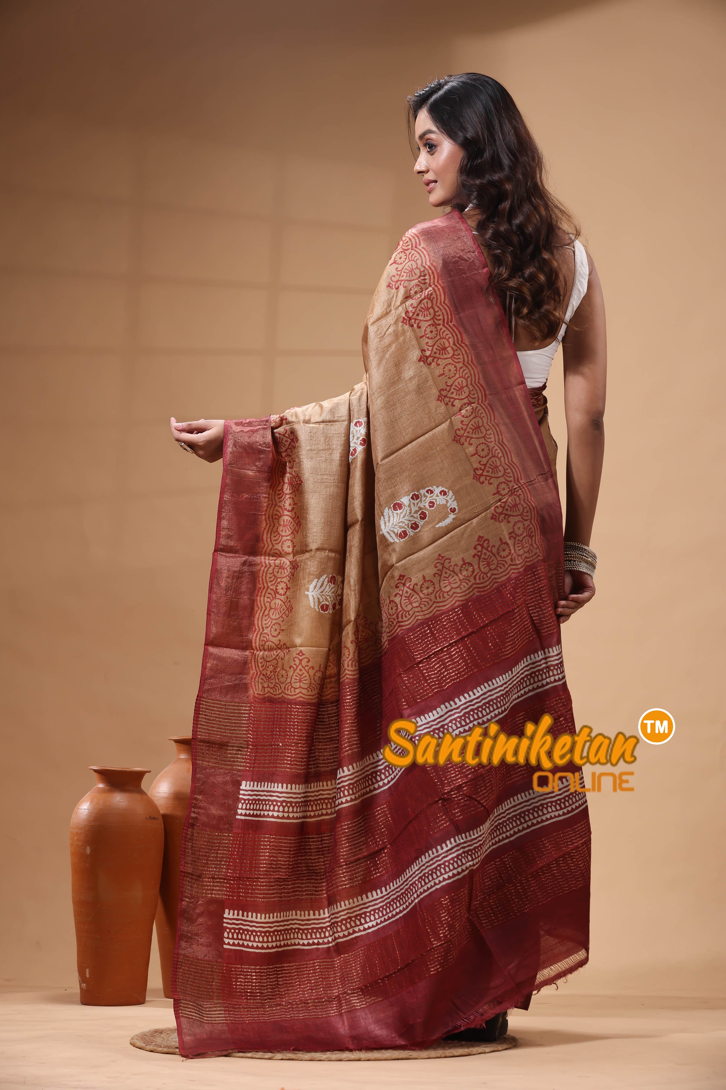 Pure Zari Tussar Hand Block Painted Saree SN2630293