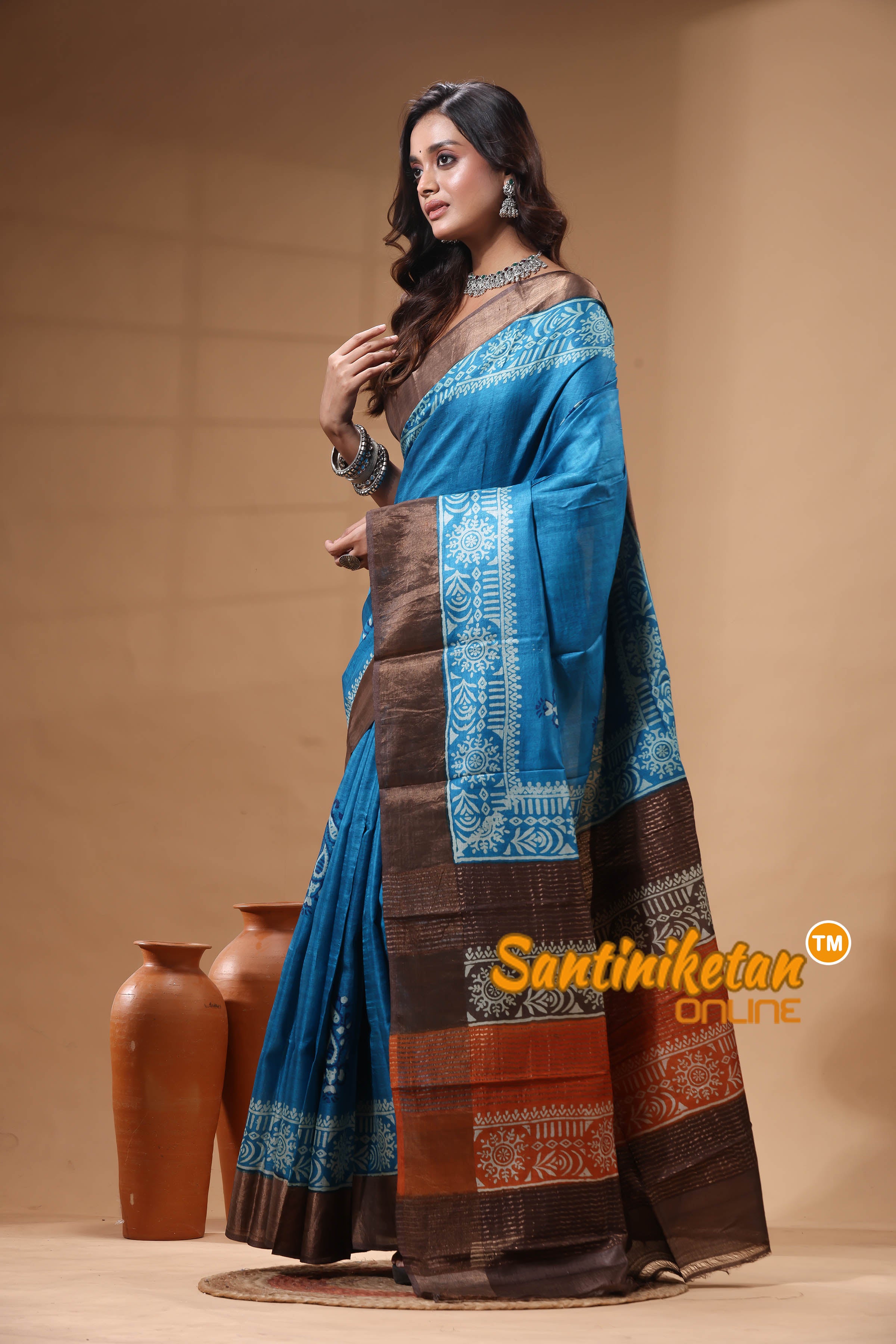 Pure Zari Tussar Hand Block Painted Saree SN2630454