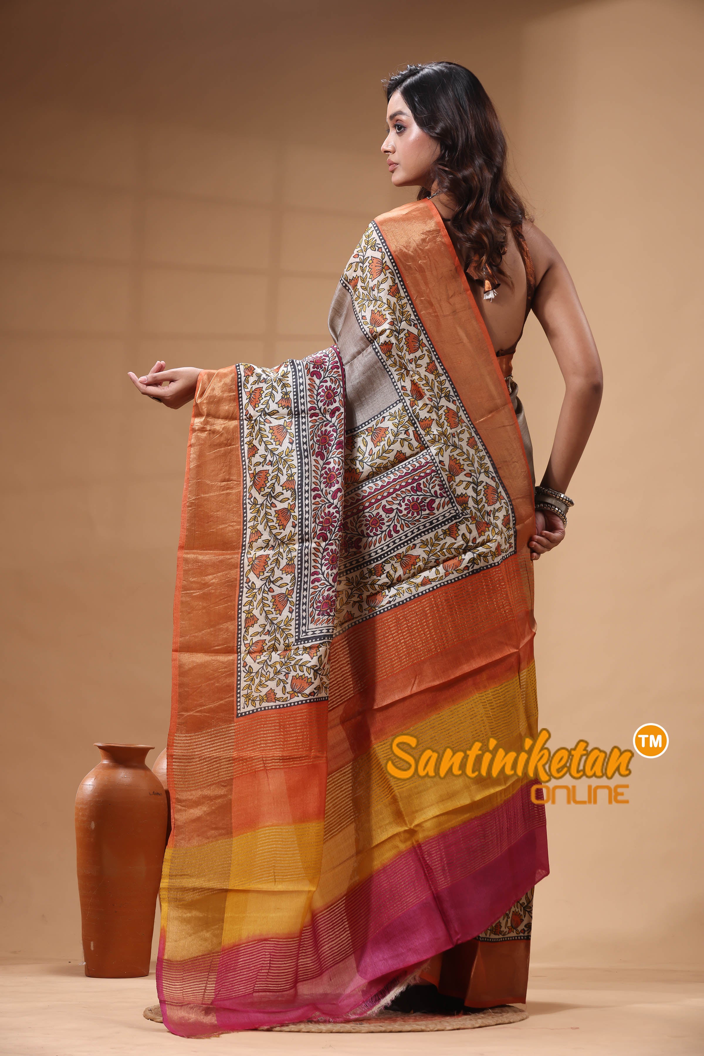 Pure Zari Tussar Hand Block Painted Saree SN2630460