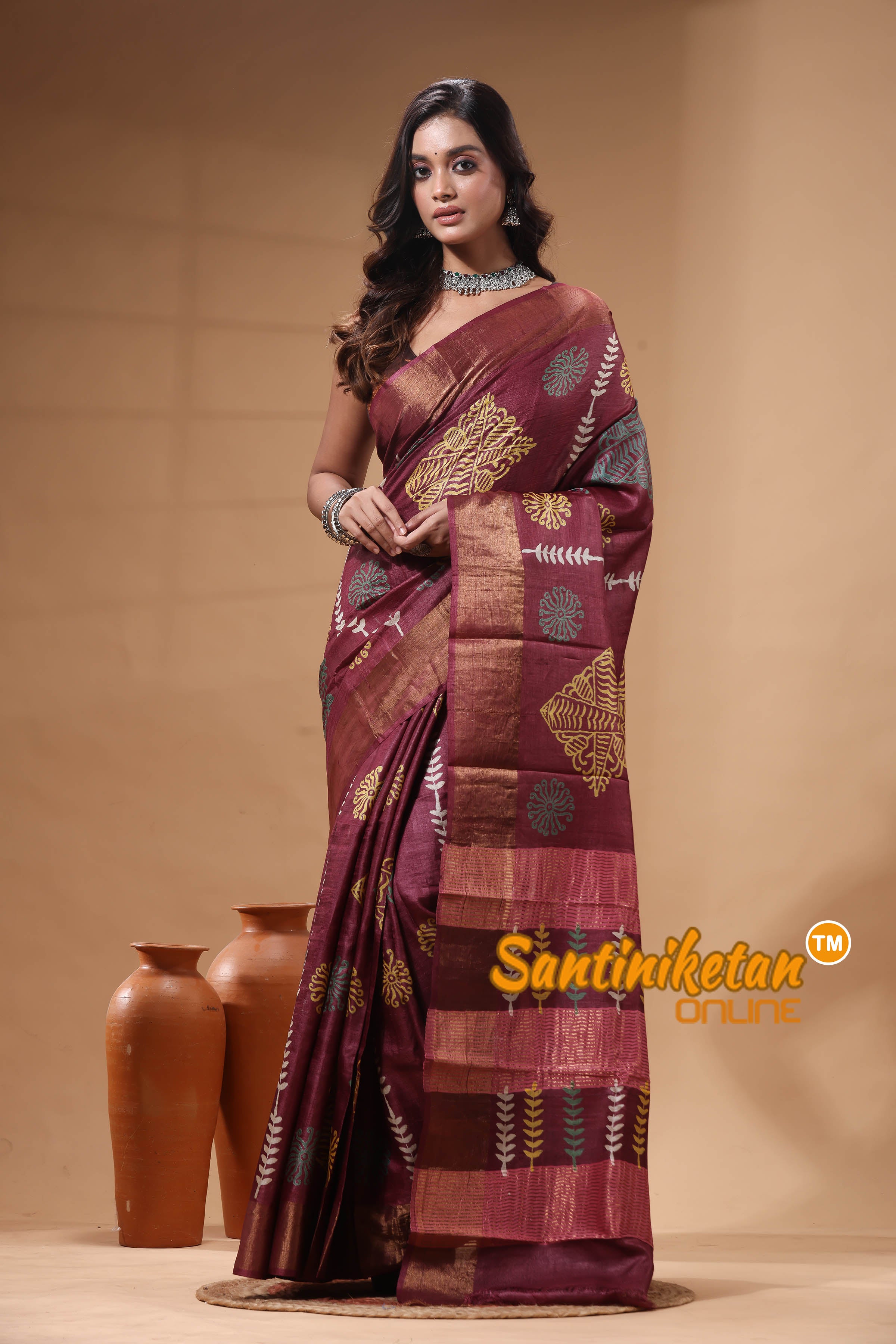Pure Zari Tussar Hand Block Painted Saree SN2630473