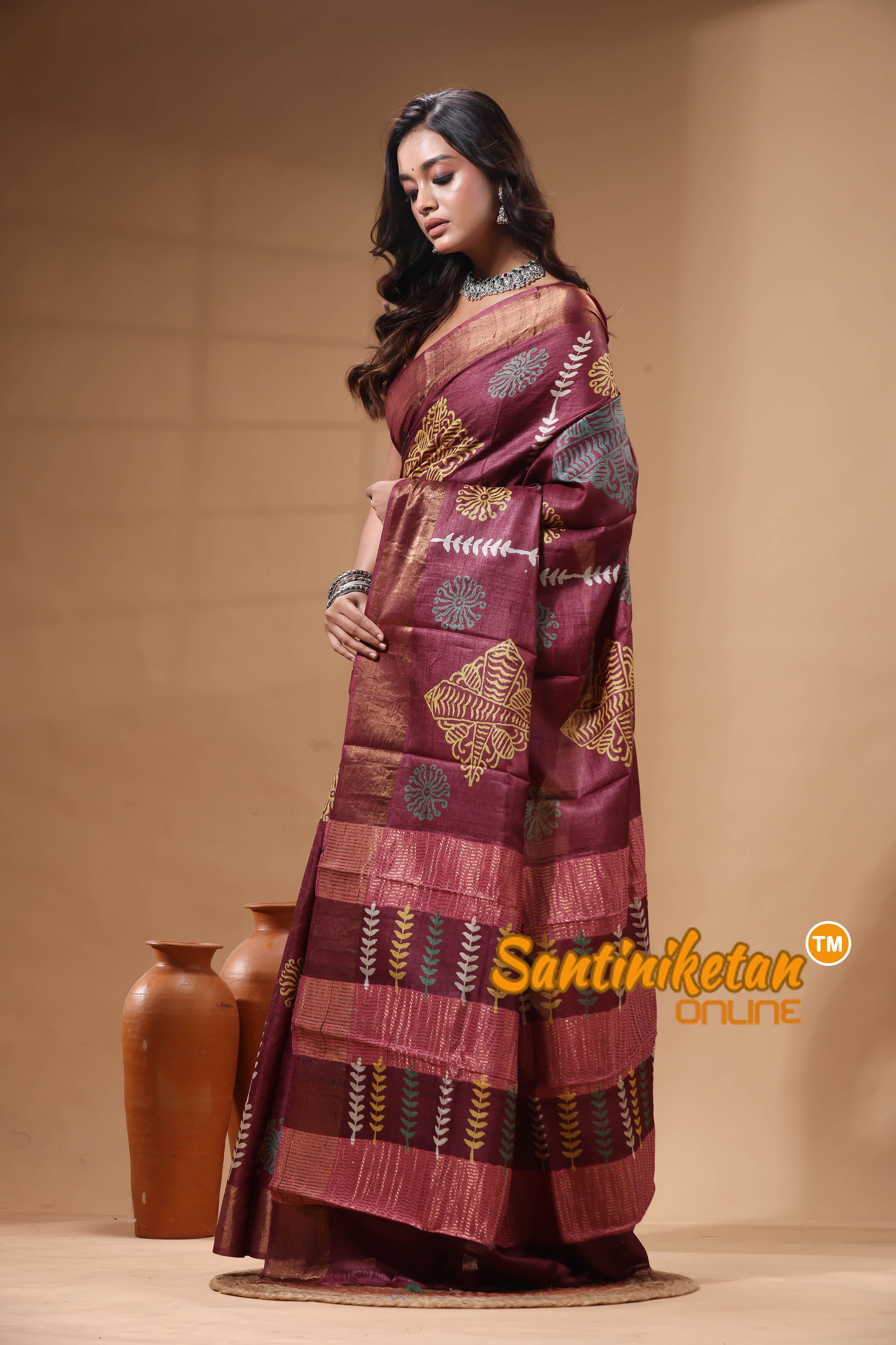 Pure Zari Tussar Hand Block Painted Saree SN2630473