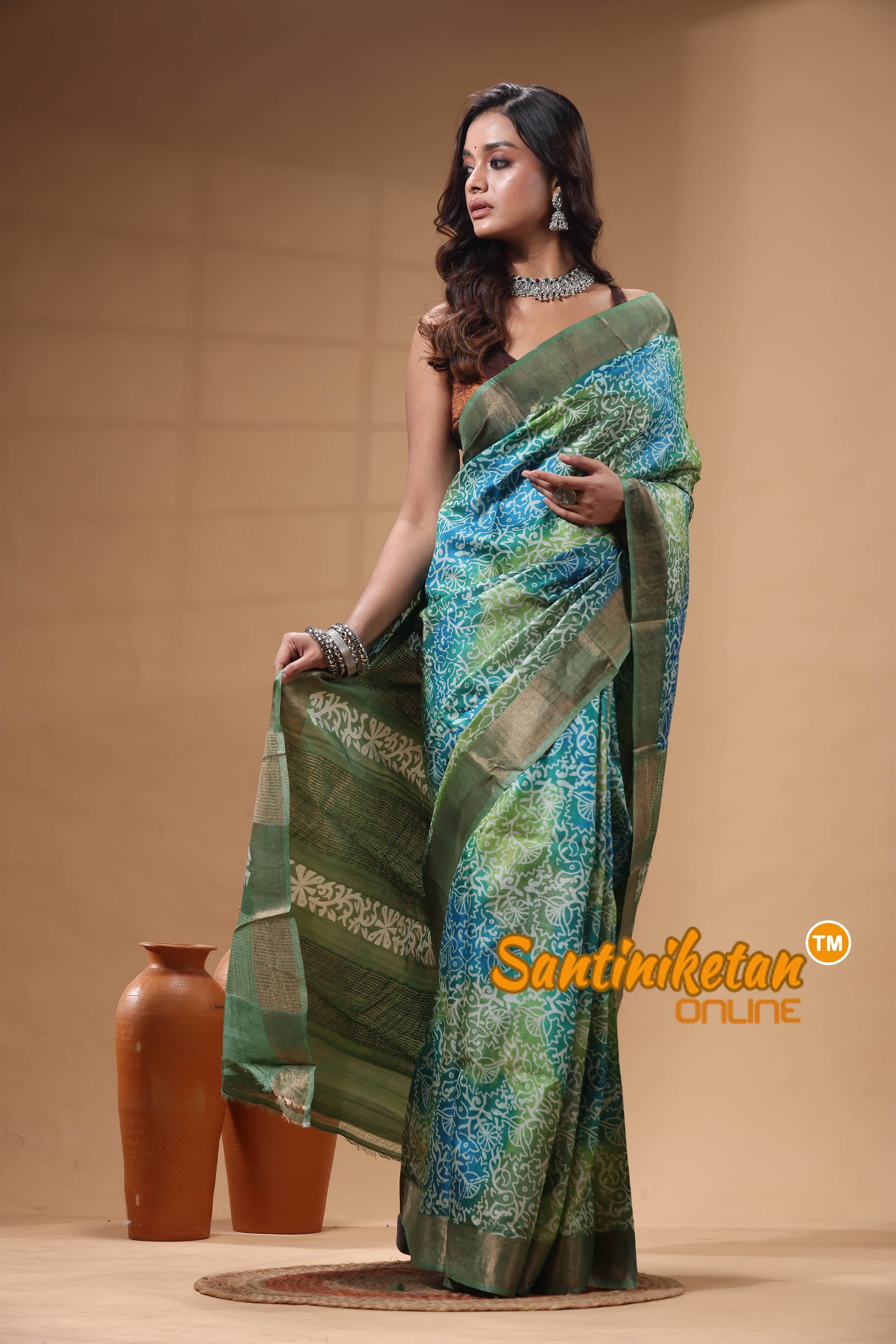 Pure Zari Tussar Hand Block Painted Saree SN2630515