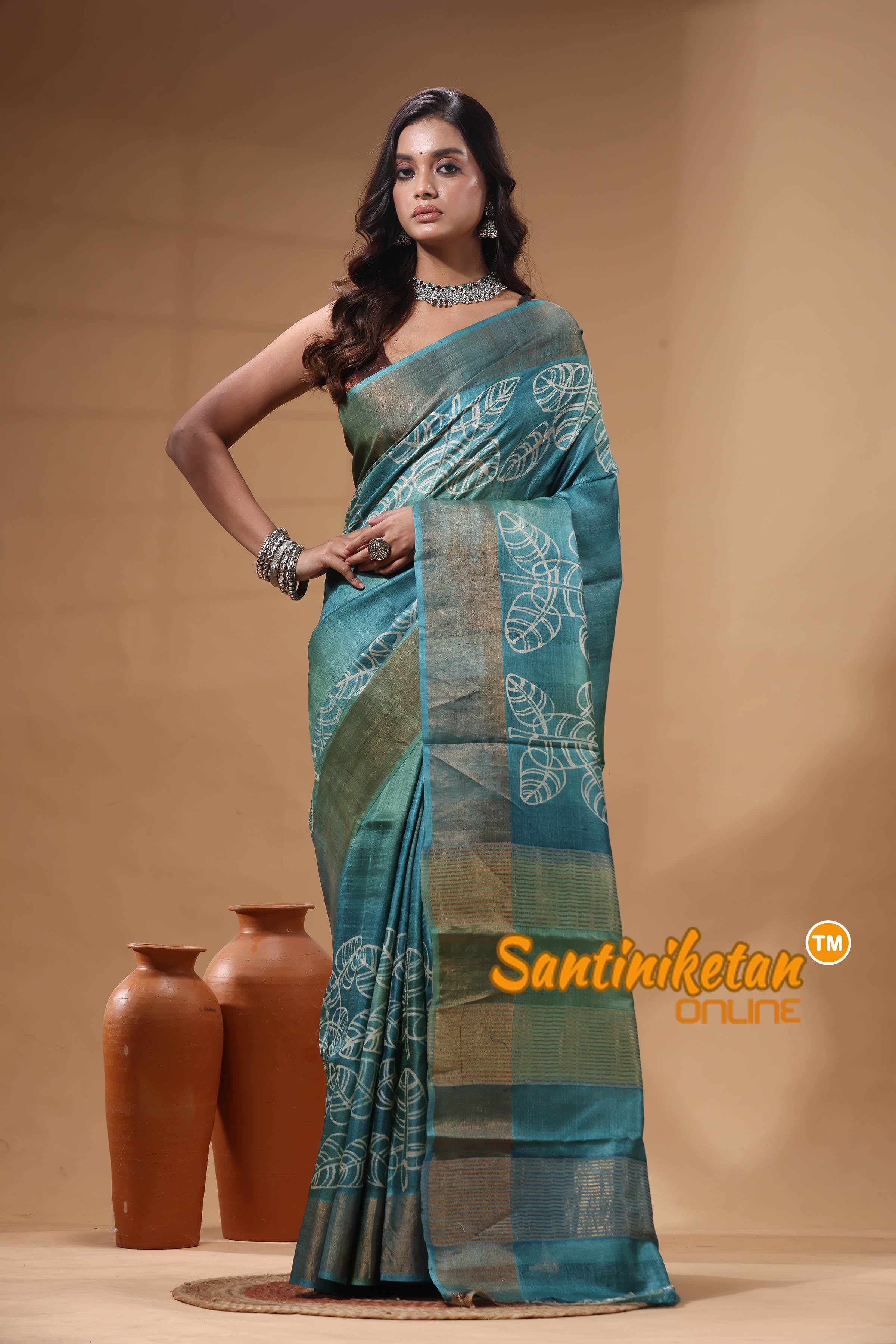 Pure Zari Tussar Hand Block Painted Saree SN2630552