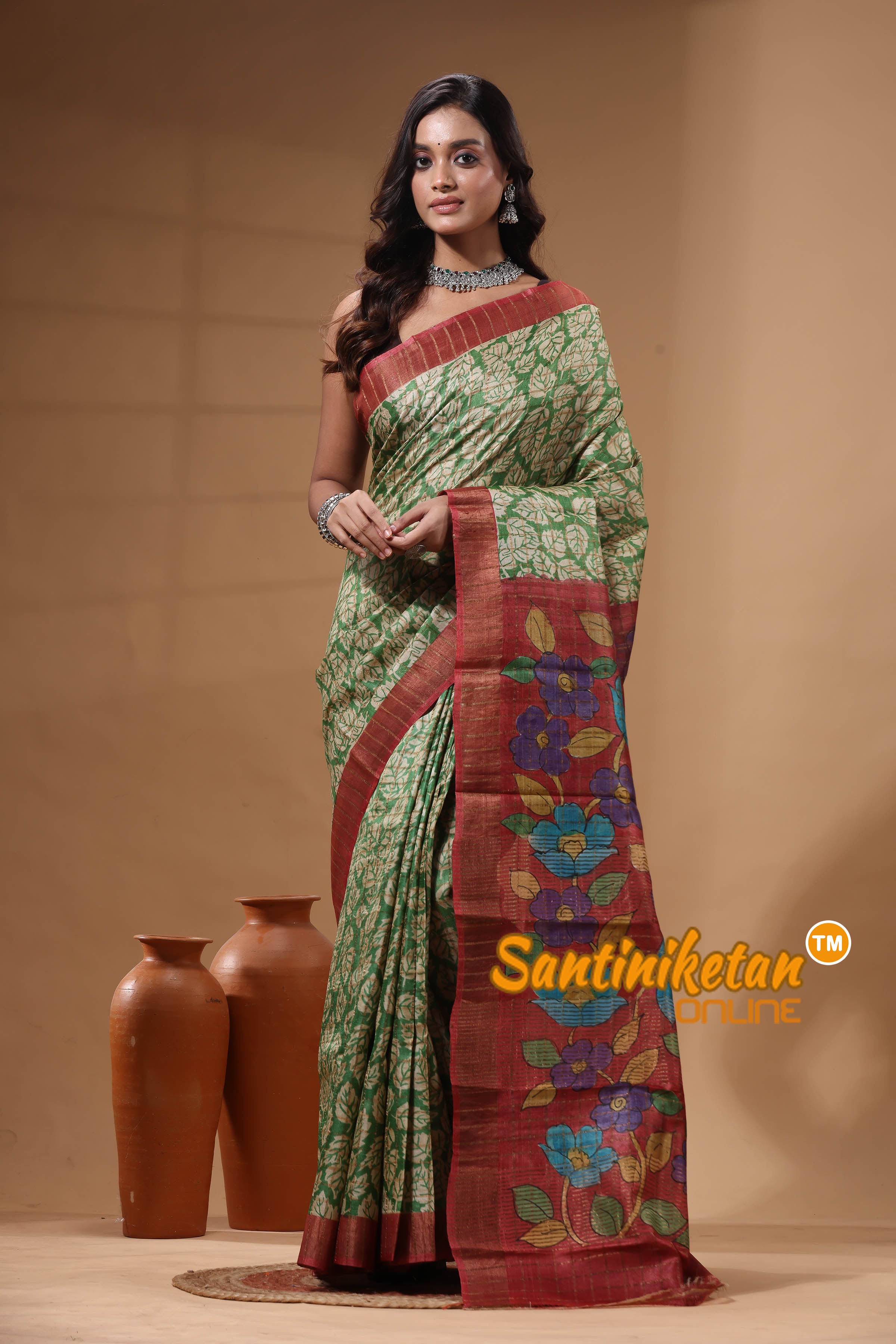 Pure Zari Tussar Hand Block Painted Saree SN2630594