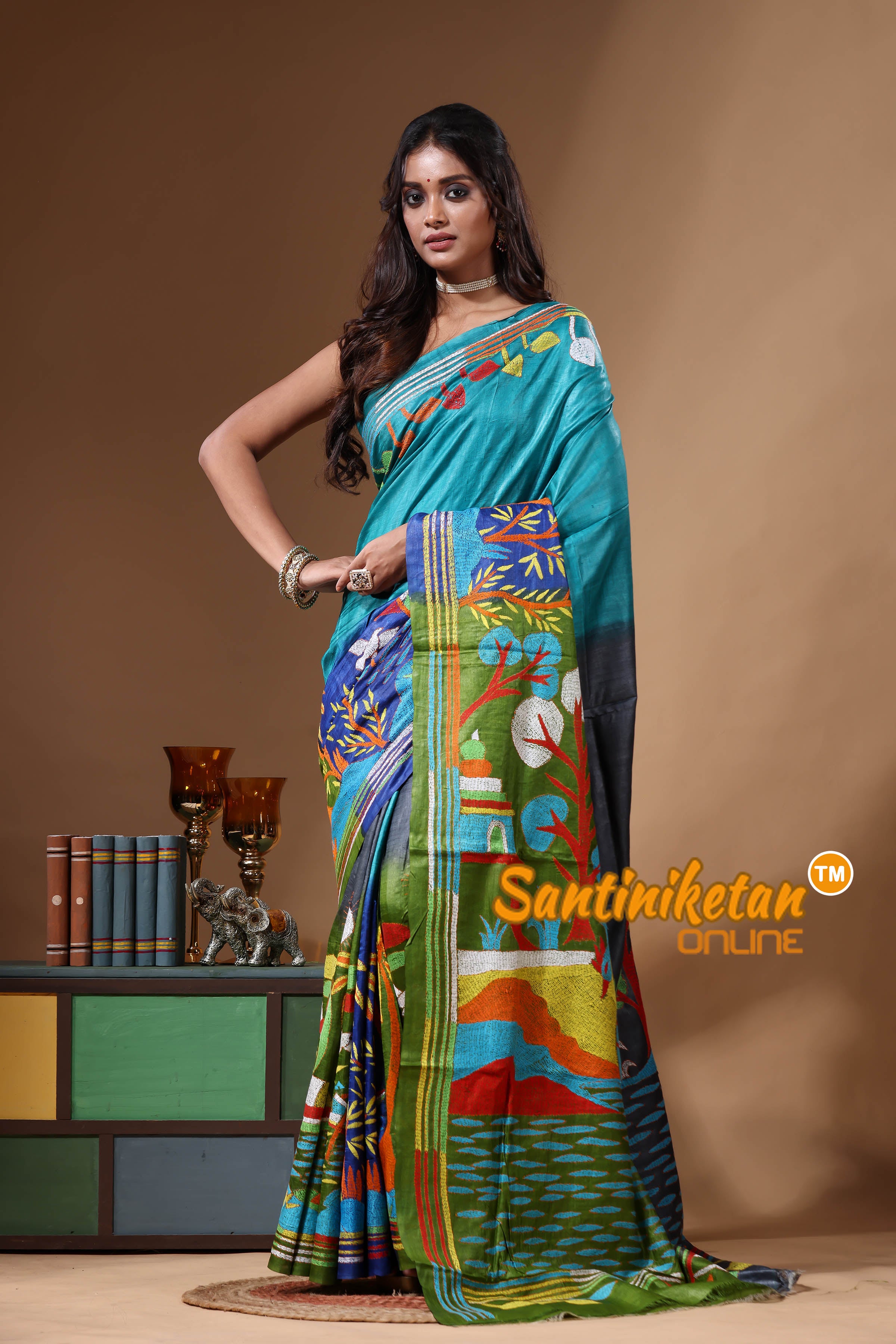 Dye Pure Gachi Tussar Kantha Stitch Saree SN2630854