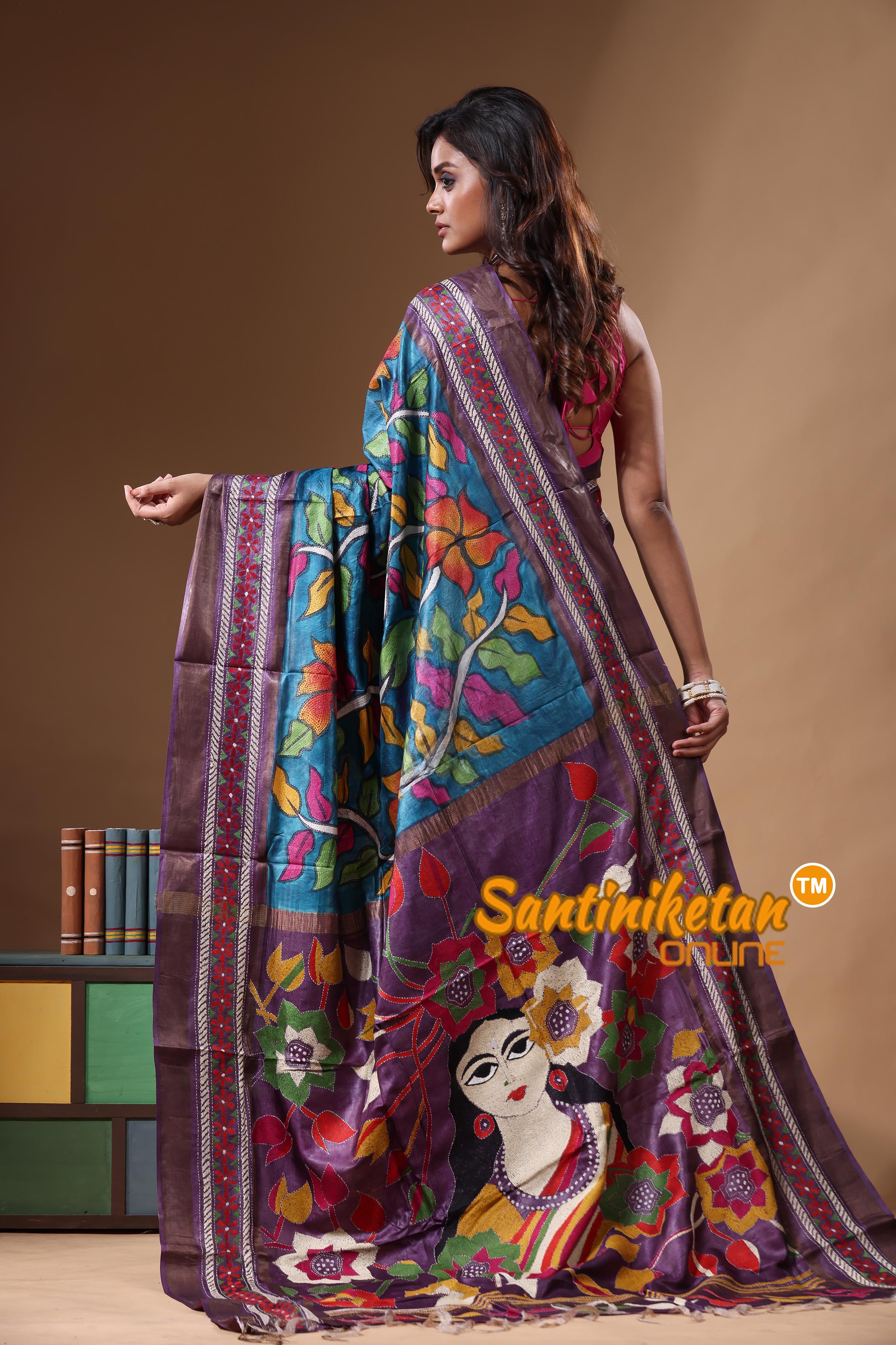 Zari Border Pure Tussar Kantha Stitch Saree SN2631286