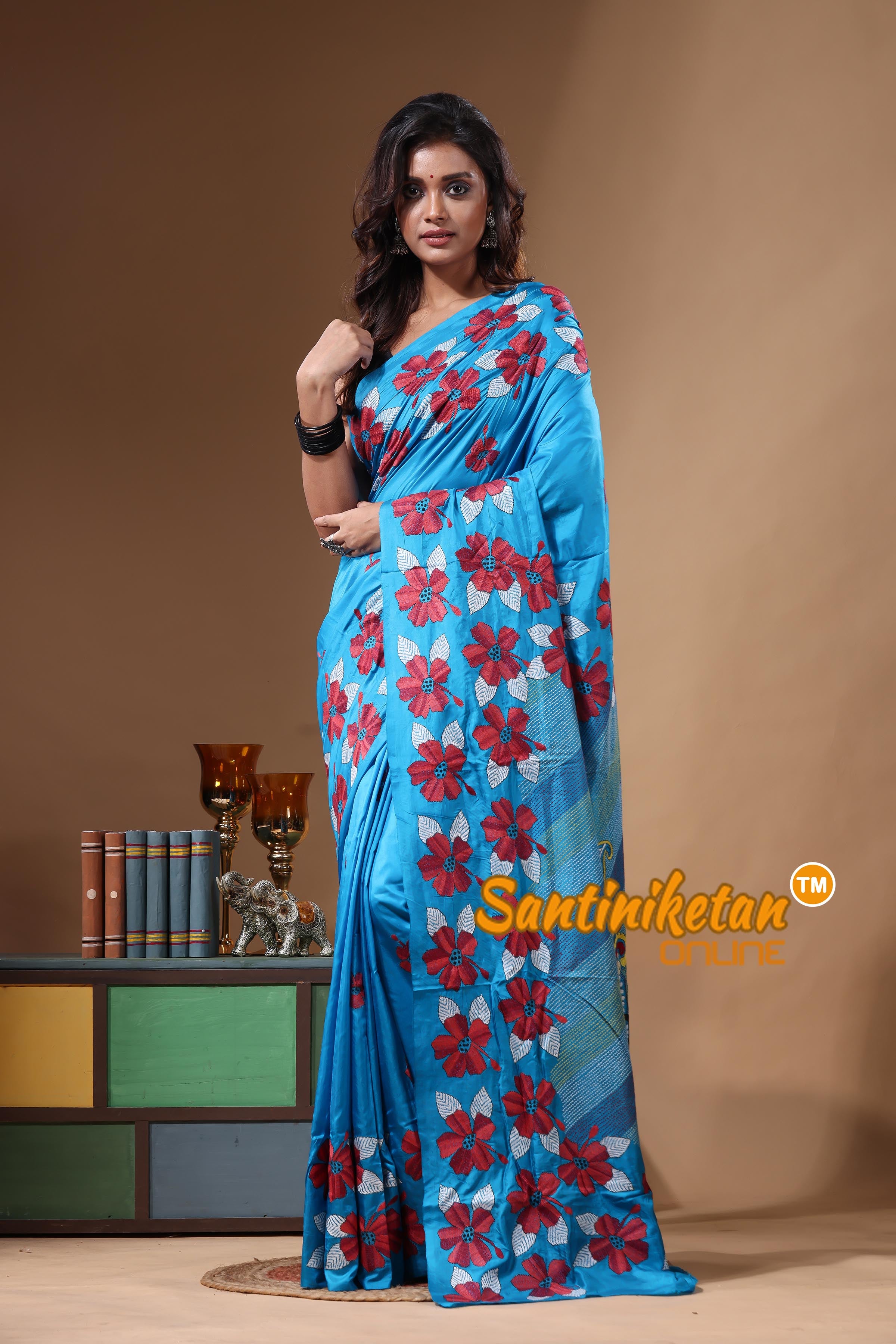 Persian Blue Pure Bangalore Silk Kantha Stitch Saree SN2631475